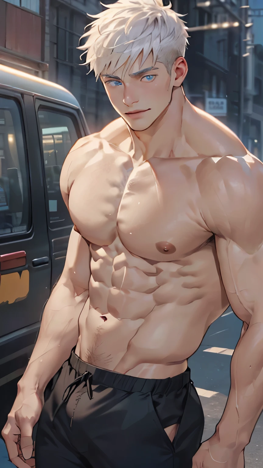 ((the best quality)), ((Masterpiece)), (details), perfect face, high definition, Masterpiece,4k,details clearly, Handsome face, white skin, perfect body, male body, strong muscles, abdomen, blue eyes, white skin, The most handsome man in the world, handsome, The coolest face, Male characters, close image (1man, shirtless), young man, mischievous smile, Extremely muscular tall man, open your eyes ((detailed eyes)), huge, muscular body and Massive, bulging pecs, muscular abs, narrow waist, short hair, blue eyes, delicate big eyes, carefree expression, clear face, handsome (detailed face, perfect face) ((extremely realistic shadows, bodybuilding posture, human, ((22-year-old young man)), V shape, athletic pants, athletic, Shirtless, Sunlight, Street, lower pants, topless, close up look, CG sense, Textured skin, the best quality, Storytelling images, lower your pants, show line, Show your abs, show arm muscle, white hair, shining blue eyes, eyes contact