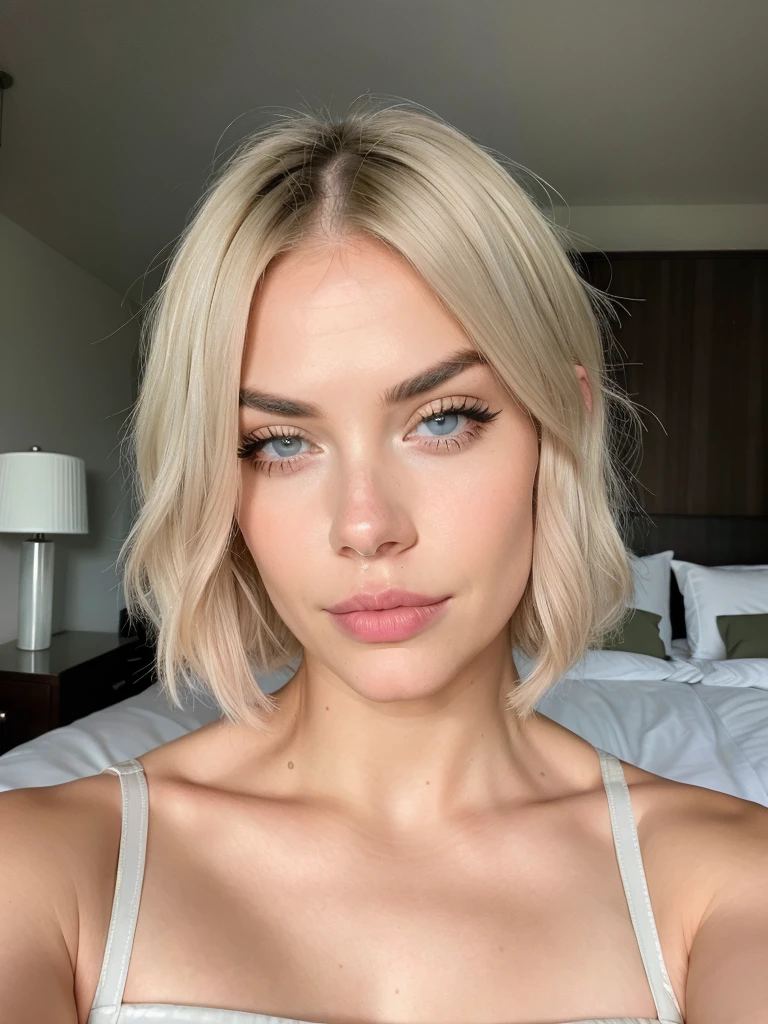 Kira Hope with platinum blonde hair and blue eyes, bob haircut, thick eyebrows, big width lips, in the style of precisionist, wavy, textural layering, light amber and pink, olive cotton, flattering lighting, effortlessly chic, in bedroom, natural look
