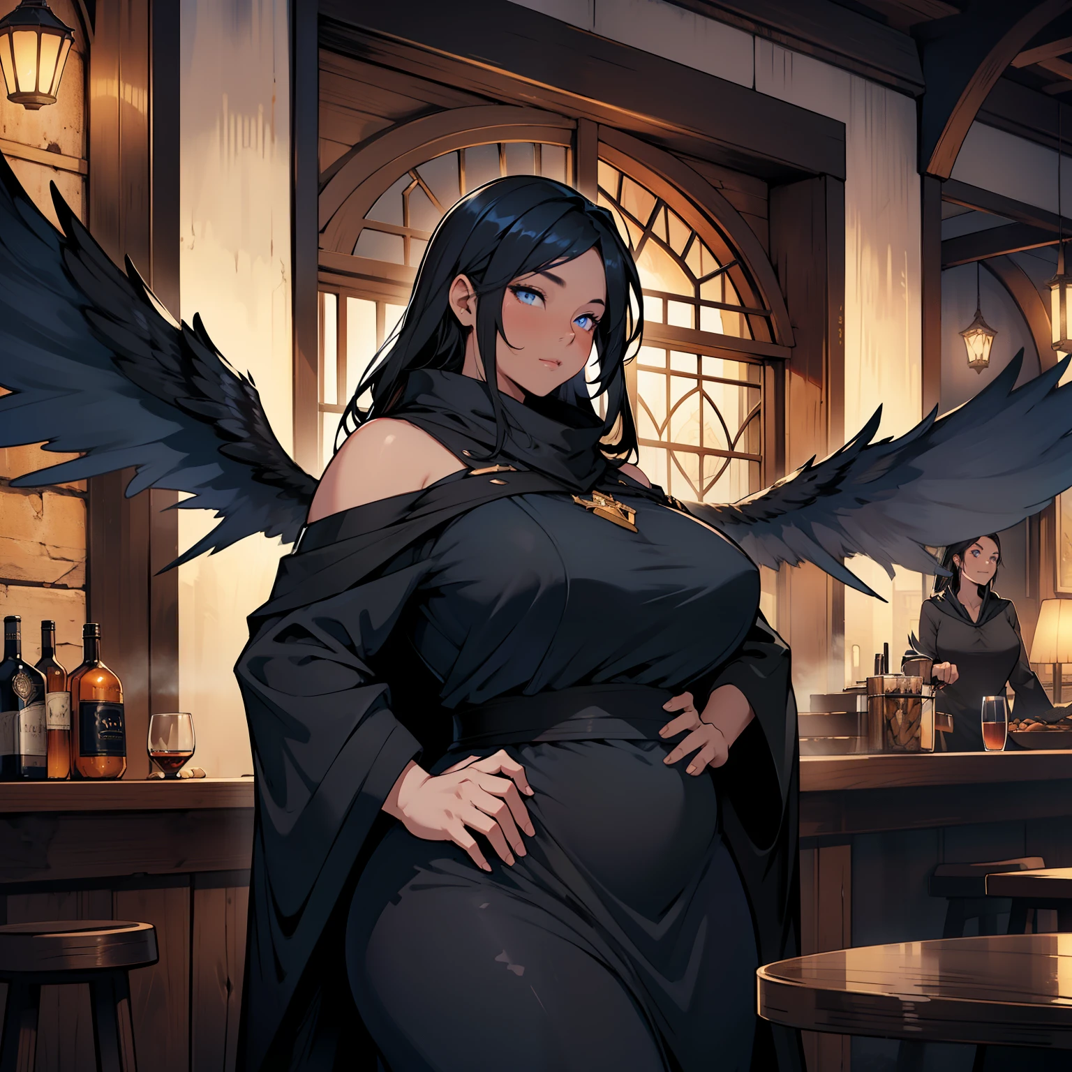 Black Phoenix , beautiful female, chubby, obese, wide hips, huge wings, blue eyes, shoulder length black hair, modest nightgown, massive wings, black wings, rustic inn interior, fantasy tavern, night time