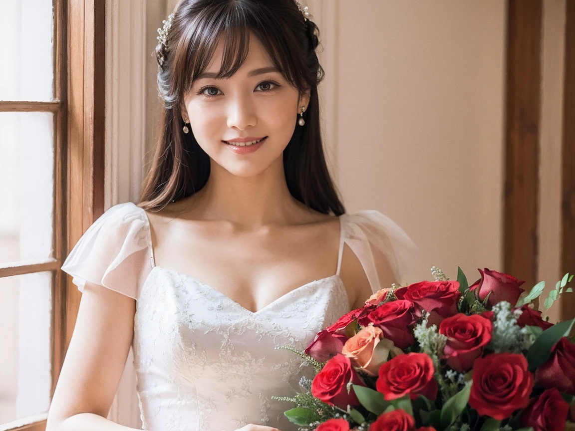 Medium Size Display, Medium Shot, Written boundary depth, bust, Upper Body, movie angle, masterpiece, highest quality, Very detailed, CG, 8k wallpaper, Beautiful Face, Delicate eyes, Otome, alone, smile, bangs, have,Royal Blue Dress, bow, petal, bouquet of roses