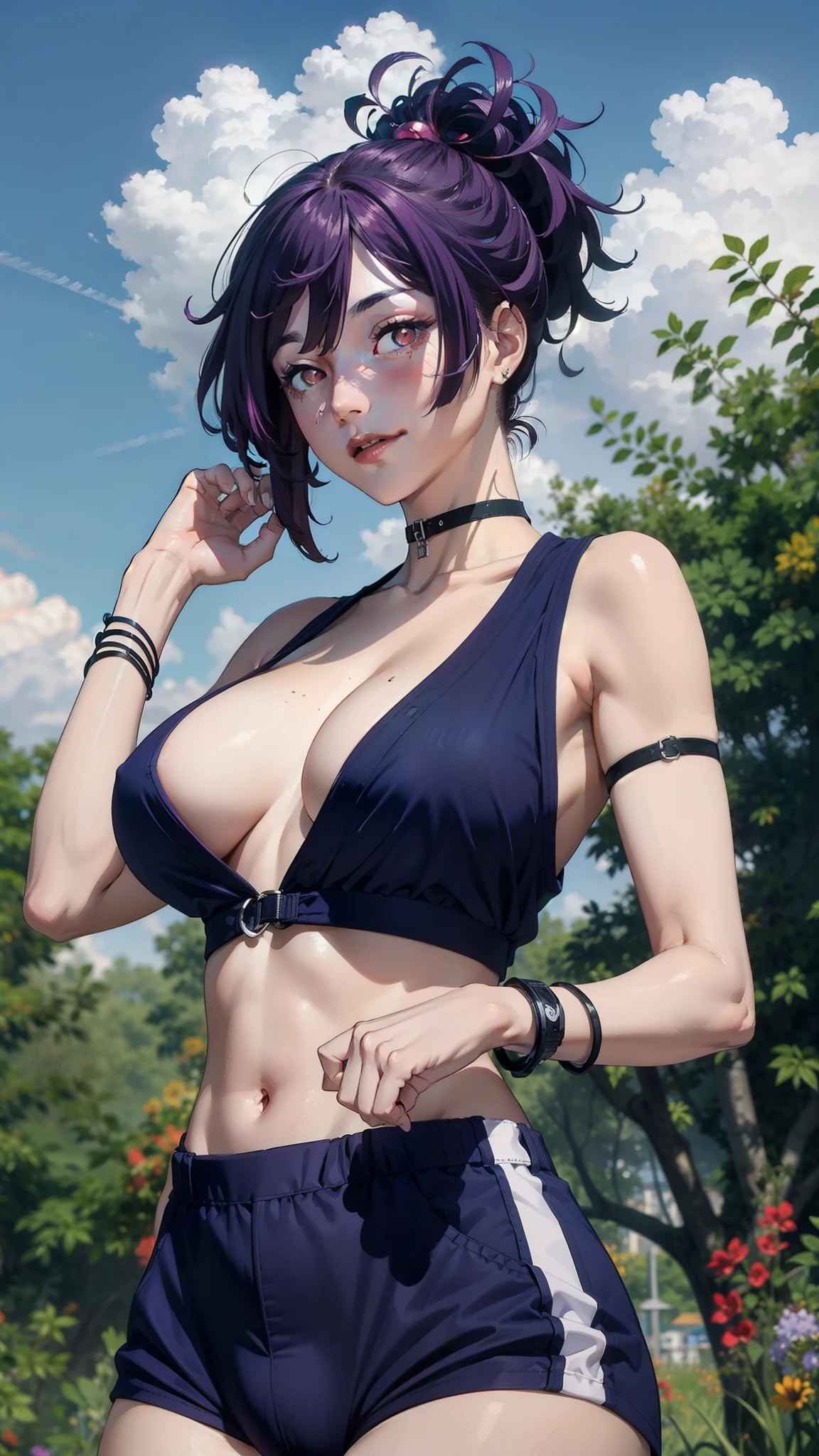 yuzuriha_(jigokuraku), purple hair, brown eyes, topknot, smile,
jewelry, white yoga crop top, white yoga tight shorts, hands on chest,see-through, looking at viewer, hair ornament, choker, shy,
(masterpiece, top quality, best quality, official art, beautiful and aesthetic:1.2), (1 girl), extreme detailed, colorful, highest detailed,
(huge breasts:1.2,) upper body, from below, cameltoe,
city,street, leaning, wall, sun, cloud,