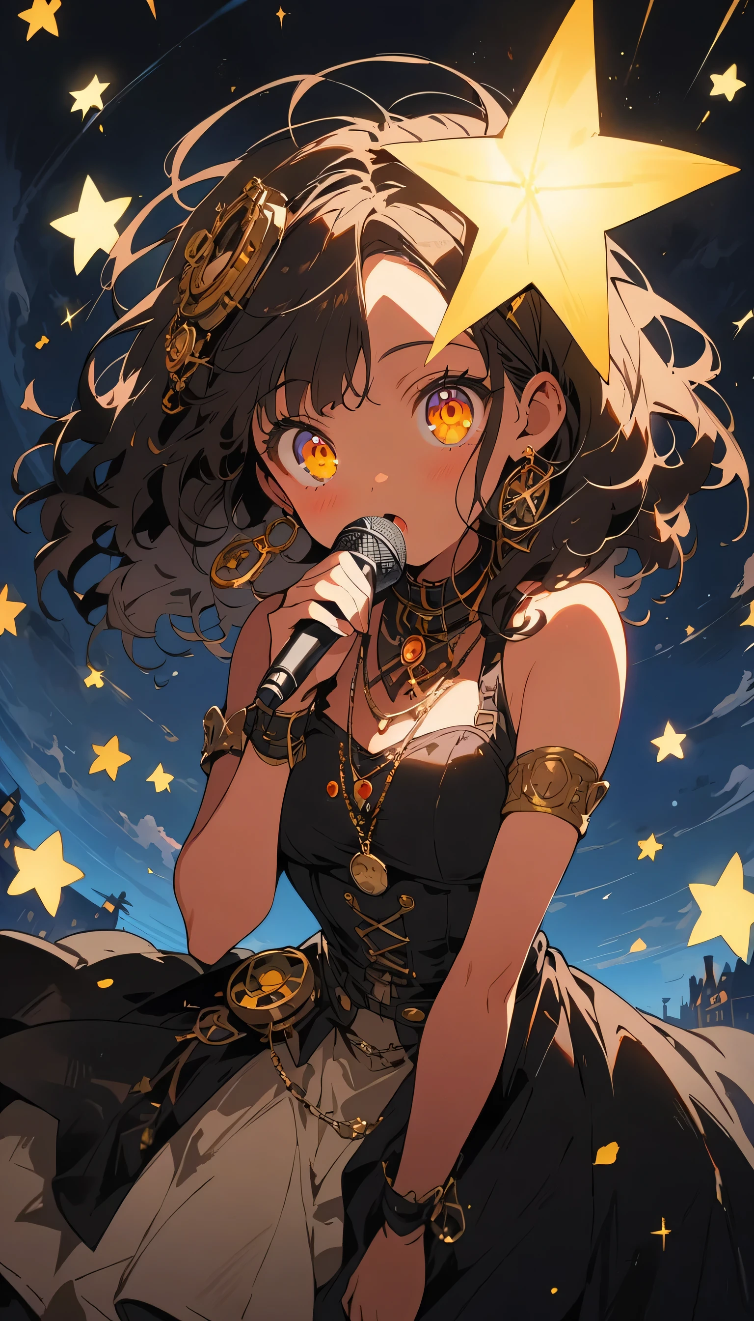 1 girl、star, sing, Perfect Face, Beautiful proportions, Move the microphone closer to your mouth,Beautiful Night、 steampunk、floating, (High saturation), snap shot, (highest quality、masterpiece、High resolution、detailed)、anime style、Flat Style、(Shining Eyes、Beautiful Face),extremely detailed、(The Shining), Best lighting, Best Shadow、Dynamic Angle、anime