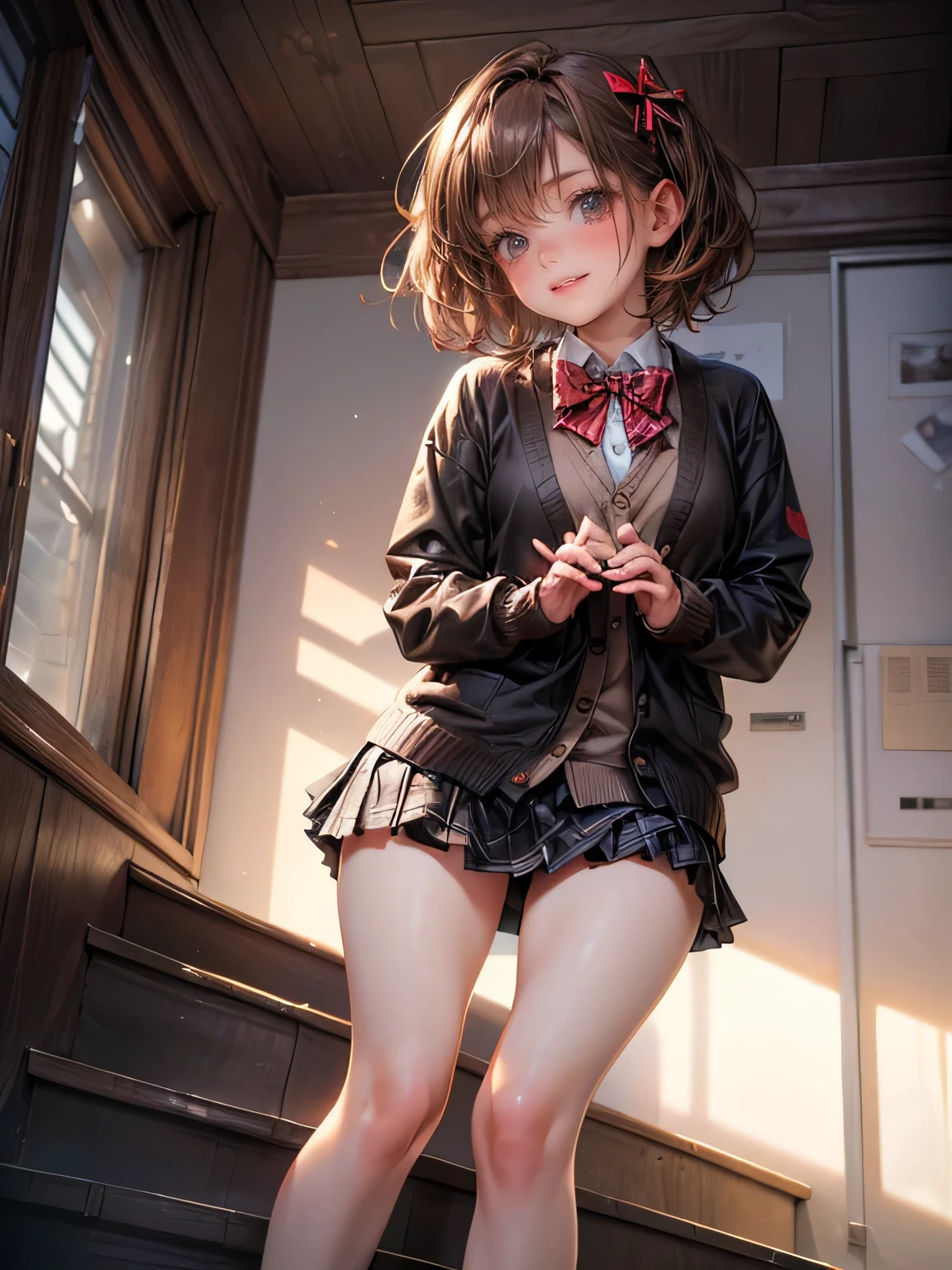((masterpiece:1.2, best quality, highres, Pixel Perfect, 8k, ))), cute girl,full body visible, ((medium wave hair, through angs, brown hair)), ((brown-eyed, beautiful eyelashes, realistic eyes)), ((delicate face, blushed)), ((smooth texture:0.75, lifelike texture:0.65, photorealistic:1.37,)), dynamic angle, the perfect body, ((red bow tie, black jacket, open jacket, brown cardigan, white shirt, black skirt, plaid skirts)), stairs at school、looking up from the bottom of the stairs、Very awkward panic smile, Turned、bending forward、(touching the buttocks with both hands)