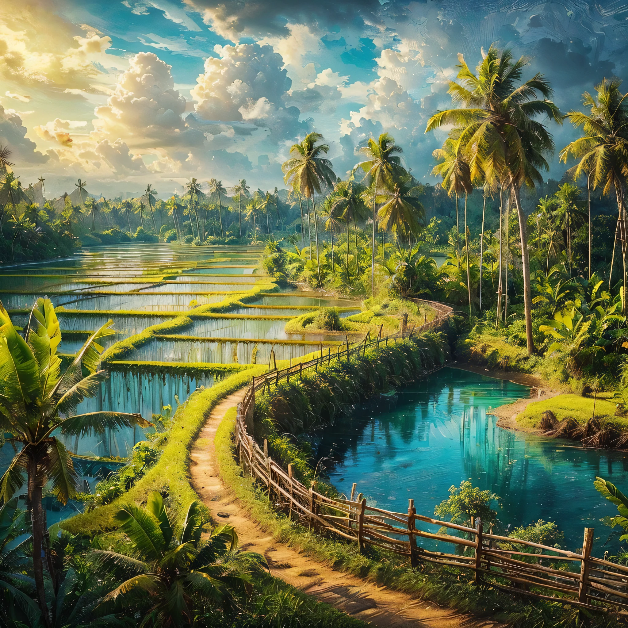 Create a hyperrealistic picture of a beautiful and enchanting view of coconut trees (coconut trees), banana trees (banana trees) on the edge of rice fields (rice fields), wooden fences on the edge of rice fields, small lakes with clear blue water, rivers, oil on rough canvas, textured scumbling technique