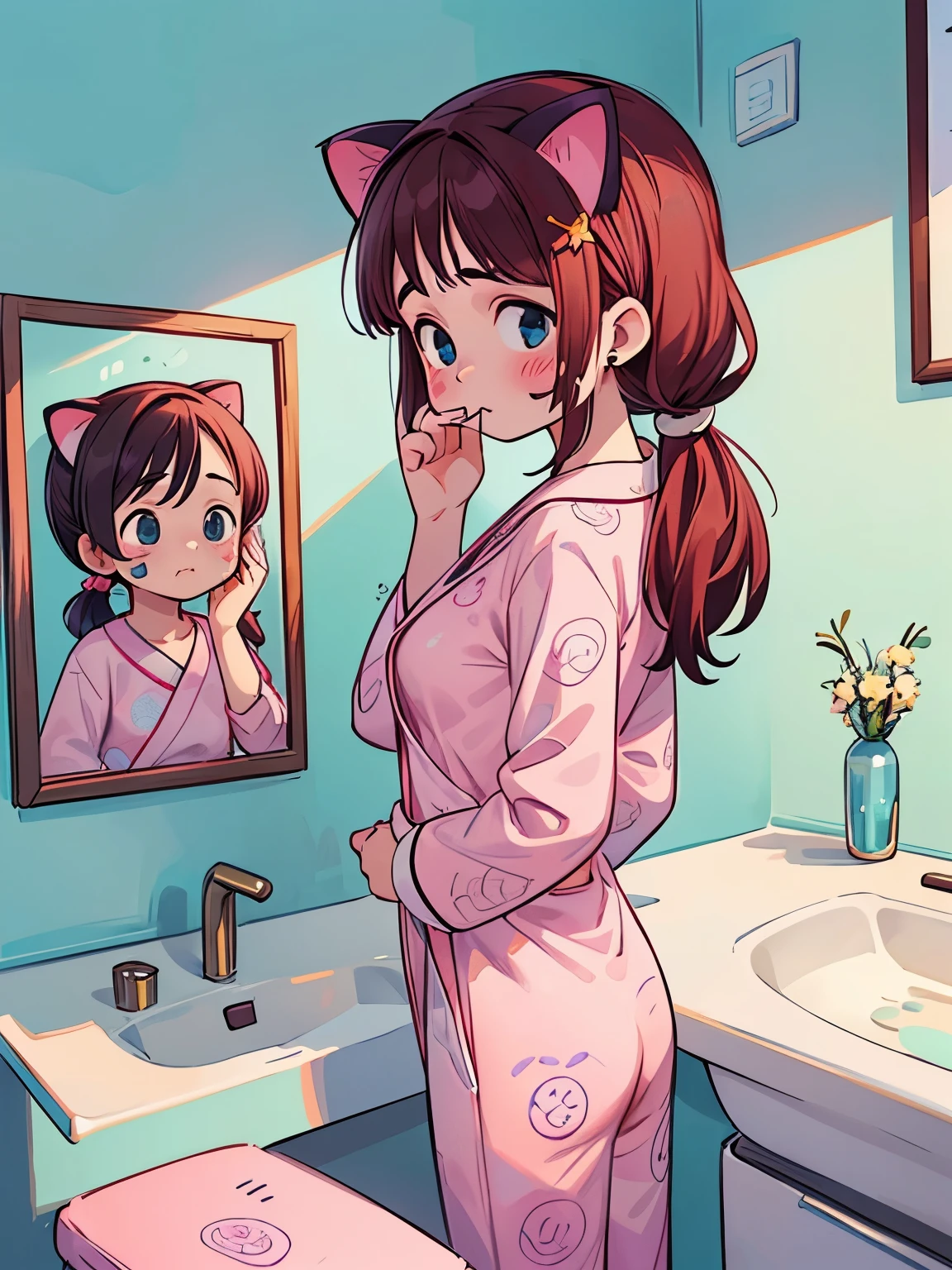 (masterpiece、highest quality、highest quality、Official Art、Beautiful and beautiful:1.2)、(One girl:1.3)Hatsune Miku、Twin tails,Big Breasts,(doodle on face:1.8),(Very detailedな CG Unity 8k 壁紙), (highest quality), (Super Detail), (Best illustrations), (Best Shadow), throw, Realistic lighting and shading, Natural light, Lens flare effect, break, 1 beautiful girl, alone,(cute:1.5),(Little:0.8), (cute:1.5),(upon:0.5), break, ( (17-year-old girl), Very detailed, colorful, Best details, break, (Huge breasts: 1. 2,), Beautiful Skin, Beautiful Skin, Shy skin, 1 beautiful girl, Brown Hair, (Cat ear, ponytail, Medium Long Hair: 1. 2), (Bright Blue Eyes, Long eyelashes, double eyelid: 1. 2), alone, Glowing Skin, break, (Turning red:1.2), (She has her hair tied in a bun.:1.0), (colorfulな爪を持つ裸足:1.0), (Pink belly wrap,Pajamas for girls:1.2), (Pink scrunchie:1.0), (Star-shaped earrings:1.1), (Lace Headband:1.0), (cute Accessories:1.3), break,(Angle from behind,Wash basin,Are standing in front of a mirror:1.1), (Two Girls:1.1), Are standing ,(Face to face:1.2) through the mirror, (Put your hands on your face:1.2), Large full-length lens, (reflection of mirror),