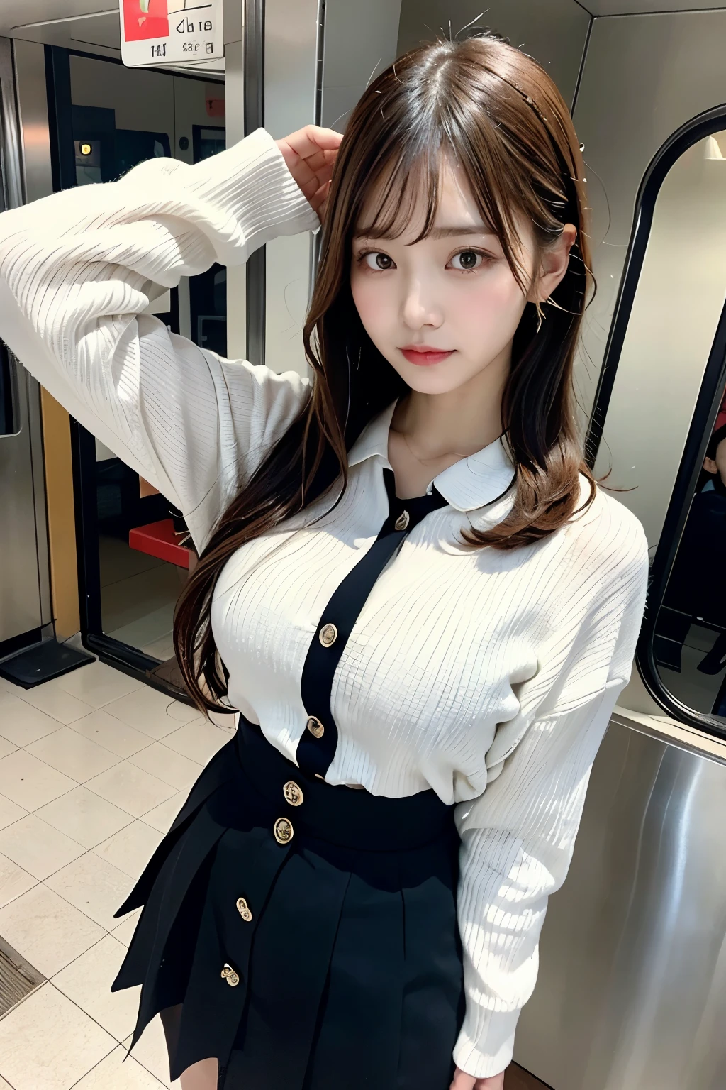 (highest quality、8k、32k、masterpiece、Hmph:1.2)、Cute Japanese Women Photos、Cute Hairstyles、Tight long sleeve knit:1.2、High-waisted skirt with buttons:1.3、Suspender style skirt、Big breasts and small waist、black high waist skirt、Narrow waist、Mid-breasted、necklace、Staring at the audience、Beautiful feet、Seductive look、Tying up hair、Full Body View、Wriggle your hips、in the train、