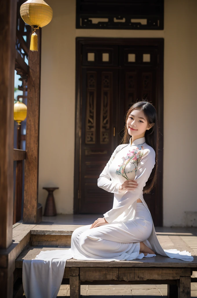 A girl in Vietnam wearing an Ao Dai,illustrated with intricate details,high-res,having a serene atmosphere,saturating the scene with vibrant colors,embracing traditional Vietnamese culture and spiritual practices,with delicate folds and embroideries on the Ao Dai gown,adorned with lotus flowers, creating a harmonious blend of elegance and tranquility, the girl's face radiating inner peace and serenity, her eyes sparkling with wisdom, her lips gently curved into a serene smile, beautifully depicting the grace and charm of Vietnamese women, her slender fingers delicately holding a candle, casting a soft glow amidst the peaceful ambience of the temple, the flickering light illuminating the ornate architectural details of the temple, highlighting the stunning traditional artwork showcased on the walls, ceiling, and pillars, the play of light and shadow adding depth and dimension to the scene, capturing the spiritual essence of the moment, showcasing the rich cultural heritage of Vietnam, a masterpiece that embodies the beauty and tranquility of the country.