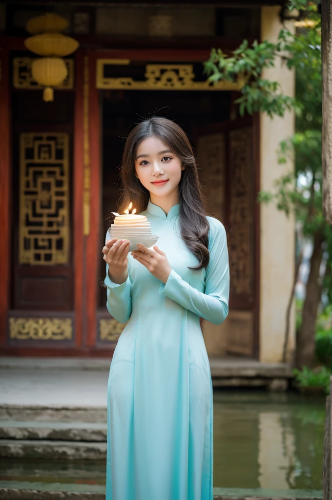 A girl in Vietnam wearing an Ao Dai,illustrated with intricate details,high-res,having a serene atmosphere,saturating the scene with vibrant colors,embracing traditional Vietnamese culture and spiritual practices,with delicate folds and embroideries on the Ao Dai gown,adorned with lotus flowers, creating a harmonious blend of elegance and tranquility, the girl's face radiating inner peace and serenity, her eyes sparkling with wisdom, her lips gently curved into a serene smile, beautifully depicting the grace and charm of Vietnamese women, her slender fingers delicately holding a candle, casting a soft glow amidst the peaceful ambience of the temple, the flickering light illuminating the ornate architectural details of the temple, highlighting the stunning traditional artwork showcased on the walls, ceiling, and pillars, the play of light and shadow adding depth and dimension to the scene, capturing the spiritual essence of the moment, showcasing the rich cultural heritage of Vietnam, a masterpiece that embodies the beauty and tranquility of the country.