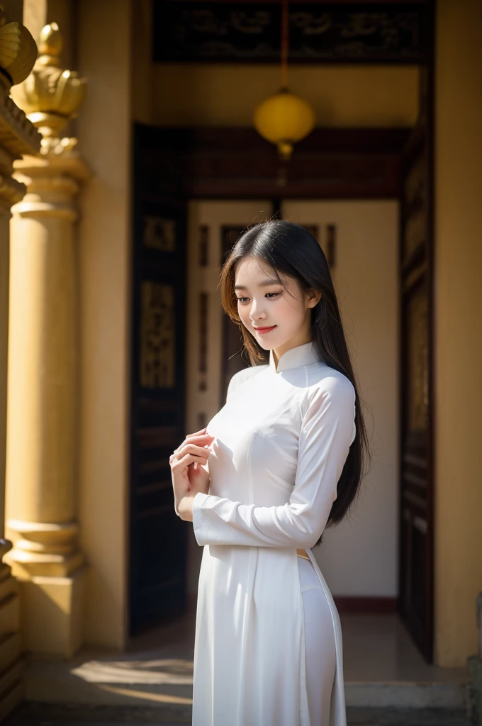 A girl in Vietnam wearing an Ao Dai,illustrated with intricate details,high-res,having a serene atmosphere,saturating the scene with vibrant colors,embracing traditional Vietnamese culture and spiritual practices,with delicate folds and embroideries on the Ao Dai gown,adorned with lotus flowers, creating a harmonious blend of elegance and tranquility, the girl's face radiating inner peace and serenity, her eyes sparkling with wisdom, her lips gently curved into a serene smile, beautifully depicting the grace and charm of Vietnamese women, her slender fingers delicately holding a candle, casting a soft glow amidst the peaceful ambience of the temple, the flickering light illuminating the ornate architectural details of the temple, highlighting the stunning traditional artwork showcased on the walls, ceiling, and pillars, the play of light and shadow adding depth and dimension to the scene, capturing the spiritual essence of the moment, showcasing the rich cultural heritage of Vietnam, a masterpiece that embodies the beauty and tranquility of the country.