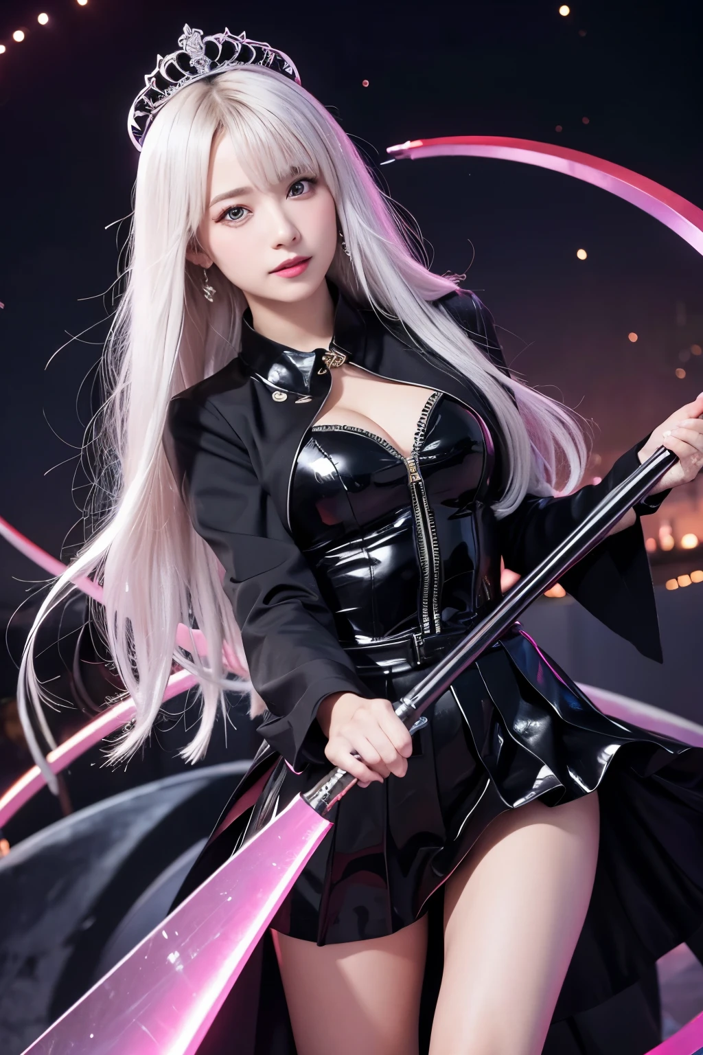 (((highest quality、Masterpiece、Normal body、8k、Detailed face、Ultra-precision、Normal hand、Normal finger、5Finger、Highest)))Golden and silver hair、Princess、blush、Embarrassing、smile、dark dress、White and black skirt、Shiny Tiara、Long skirt、Pink Bra、Pink Pants、Torn Dress、Cleavage exposure、Skirt lift、metal boots、Death Scythe、Game Scythe、disaster々New Scythe、Grim Reaper、grim Reaper、The Devil Behind、demon in background、Devil behind、Devil in the background、The End of the Galaxy、Dimensional Destruction、Distorted Universe、Pluralistic World、Dimensional Hole、Imaginary Space