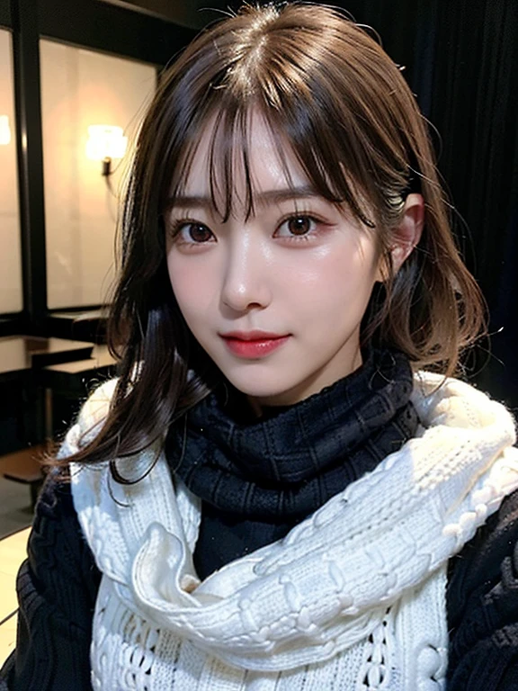 1 Japanese girl,(Black sweater:1.4),(She has a knitted snood around her neck to cover her chin..............:1.5), (RAW Photos, highest quality), (Realistic, Photorealistic:1.4), Tabletop, Very delicate and beautiful, Very detailed, 8k wallpaper, wonderful, In detail, Very detailedなCG Unity, High resolution, Soft Light, Beautiful Details 19 years old, Very detailedな目と顔, Beautifully detailed nose, Beautiful fine details,Cinema Lighting,City lights at night,Perfect Anatomy,Slender body,smile (My hair is messy, Asymmetrical bangs, Light brown hair,)