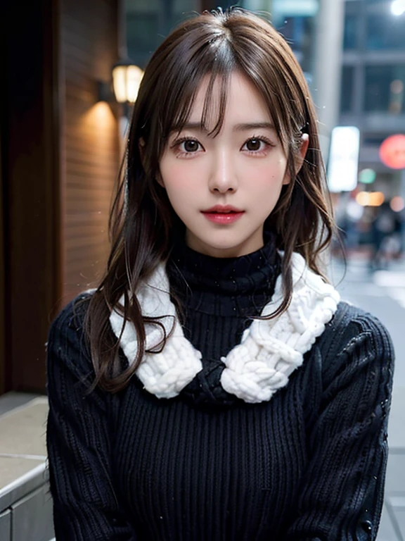 1 Japanese girl,(Black sweater:1.4),(She has a knitted snood around her neck to cover her chin..............:1.5), (RAW Photos, highest quality), (Realistic, Photorealistic:1.4), Tabletop, Very delicate and beautiful, Very detailed, 8k wallpaper, wonderful, In detail, Very detailedなCG Unity, High resolution, Soft Light, Beautiful Details 19 years old, Very detailedな目と顔, Beautifully detailed nose, Beautiful fine details,Cinema Lighting,City lights at night,Perfect Anatomy,Slender body,smile  (My hair is messy, Asymmetrical bangs, Light brown hair,)