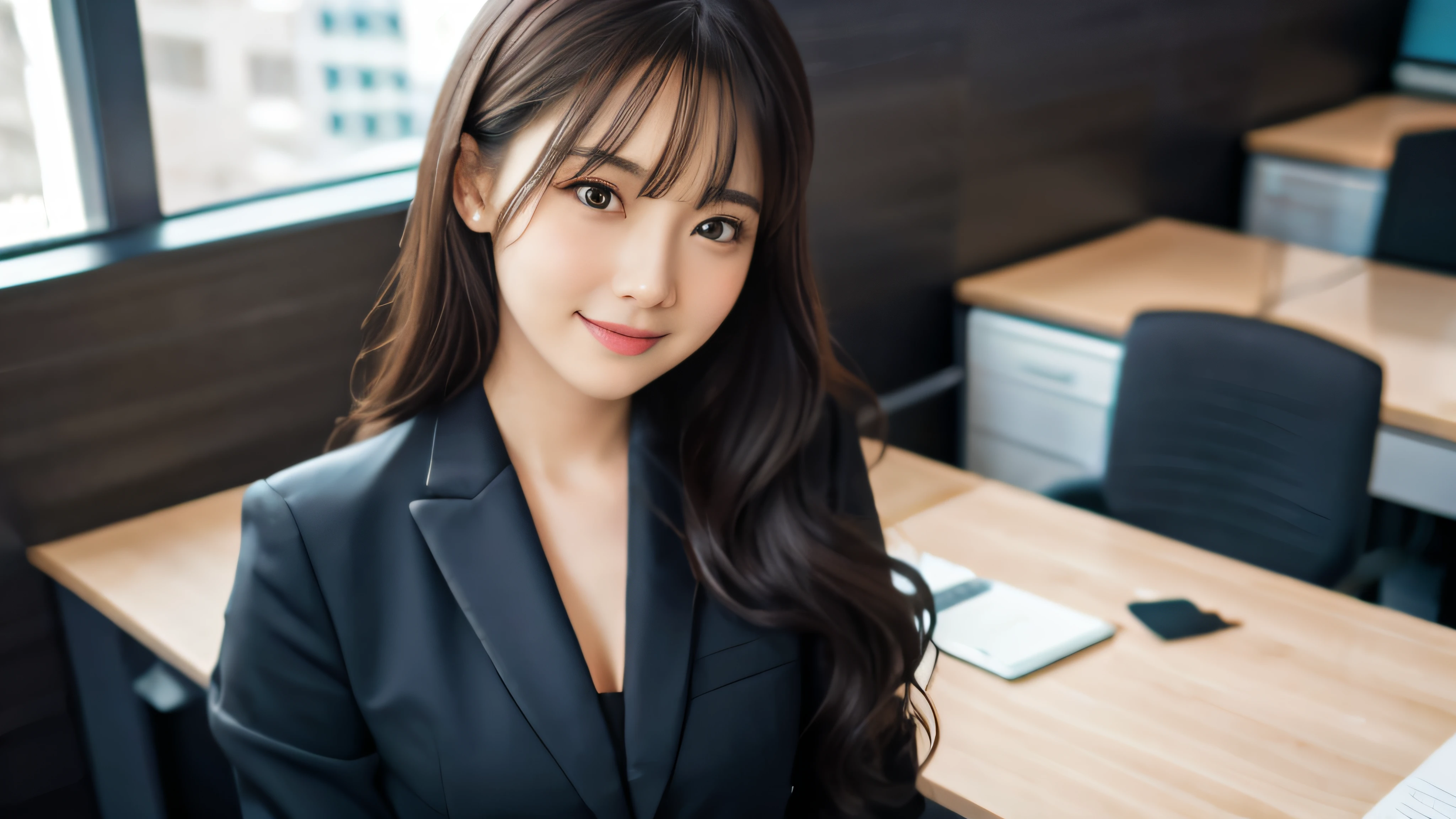 (Realistic: 1.4), (highest quality: 1.4), (Fine grain), Full body shot, ((office)), ((I'm working)), ((One young woman)), Black wavy hair, ((business suit)), Wide eyes, Blushed face, ((smile)), Highly detailed face and skin texture, Healthy Skin, 8k resolution