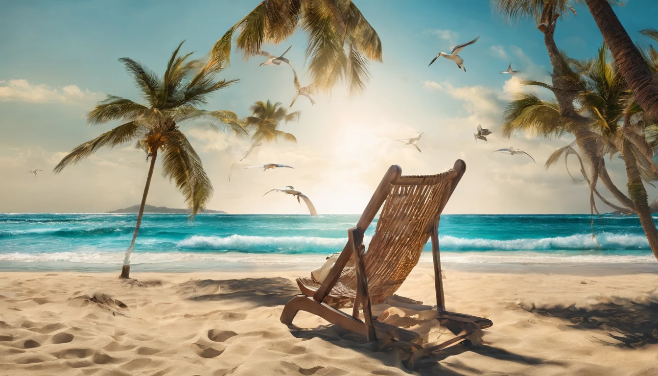 National Geographic Photographer:1.4, blue coast, landscape of a paradisiacal beach, palm trees, white sand, seagulls, beach chairs beautiful waves crashing on the beach, sunset, sun falls illuminating the waters photograph taken by a professional photographer:1.5, child making castles in the sand: 1.7, representative of this beautiful tourist landscape, magical, masterpiece, photography awarded for its beauty, vivid and harmonious colors, cinematographic lighting, 32k
