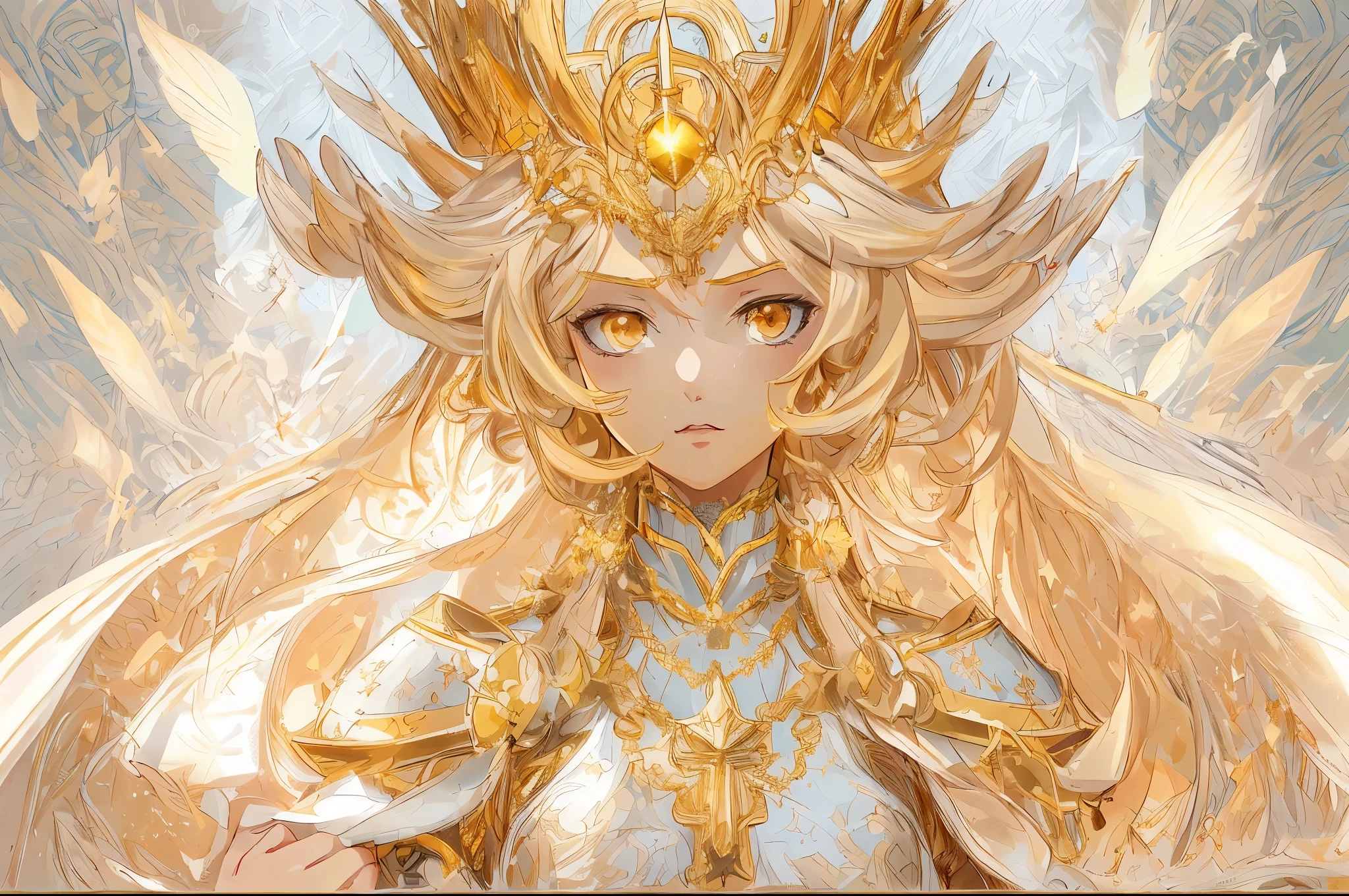 anime - style of depicting a woman, dressed in golden armor, golden halo above your head and a crown in your hand, imperious look, A domineering face, shining hair, pastel, inspired by Lee Chevalier, winner of the pixiv competition, conceptual art, princessa «kida» kidadagash, portrait girl knights of the zodiac, like a mystical valkyrie, anime goddess, divine radiance