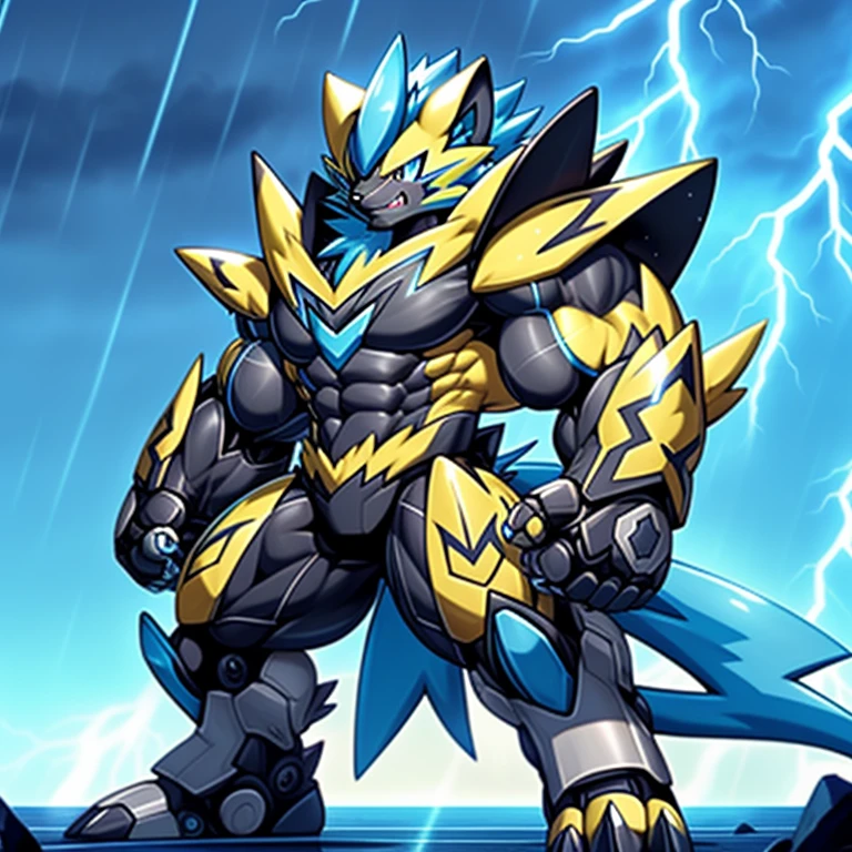 (masterpiece, best quality, detailed:1.2)
(Pokémon)
detailed full body,
Zeraora's giant robot.
Gigantic ZERAORA,
GIANT.
Protecting Zeraora's design and color scheme. Robotic suit, 
the whole body is covered in armor, sky, thunderstorm, rainy weather, lightning,

wears a black cloak on his back.
It has wings.
whole body shines like metal.
Wearing cyberpunk mecha, emphasizes the muscles.
He wears the same armor as himself from head to foot. (emphasizes the muscles.)
suit fully made of metal,
intricate armor, Robotic suit, suit fully made of metal, cyborg,

big muscle.
pecs, triceps,
body full of huge muscles.
unusually developed muscular body,
A Zeraora at the bodybuilding competition,
massive,
huge muscular bodybuilder with extraordinary biceps, pecs, triceps, traps, gigachad, 300 lbs.

The claws are sharp, Sharp teeth,
with huge golden laser sword,