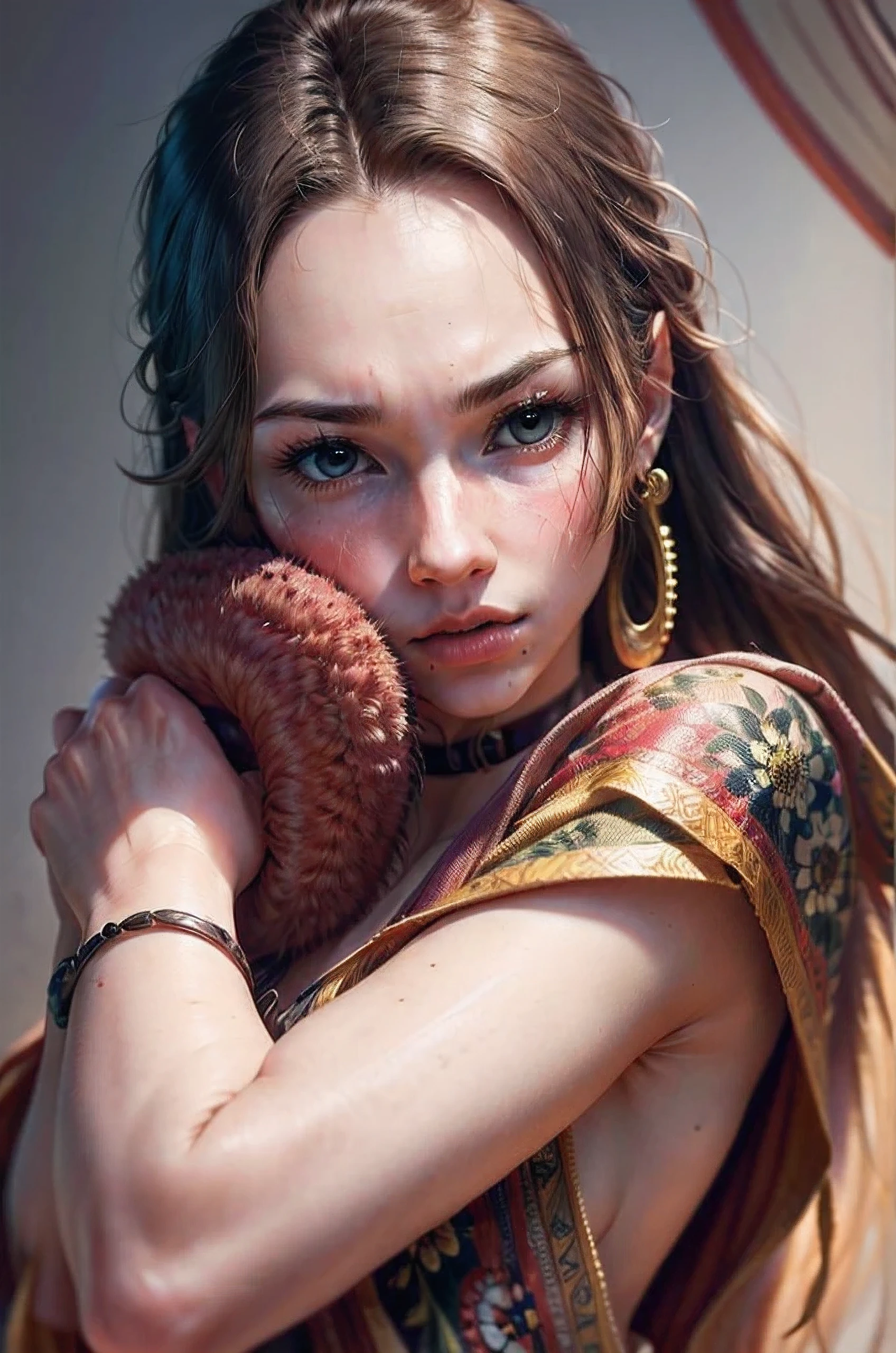 A girl with Boa Hancock as the main theme. She has a mole under her eye and is adorned with jewelry, including an anchor choker and a garter. Her expression is a pout, giving her a cute and playful look. The artwork has a border, giving it a framed and finished appearance. The depth of field is used to create a sense of focus on Boa Hancock, while the surrounding elements are slightly blurred, adding a cinematic touch. The lighting is dramatic and cinematic, with strong contrasts and vibrant colors. The artwork has a touch of chromatic aberration, adding a subtle artistic effect. The level of detail is exceptionally high, capturing every aspect of Boa Hancock's features, including her textured skin and vividly expressive eyes. Overall, the artwork is a masterpiece, showcasing the intricate beauty of Boa Hancock in a stunning and captivating way, perfect hands