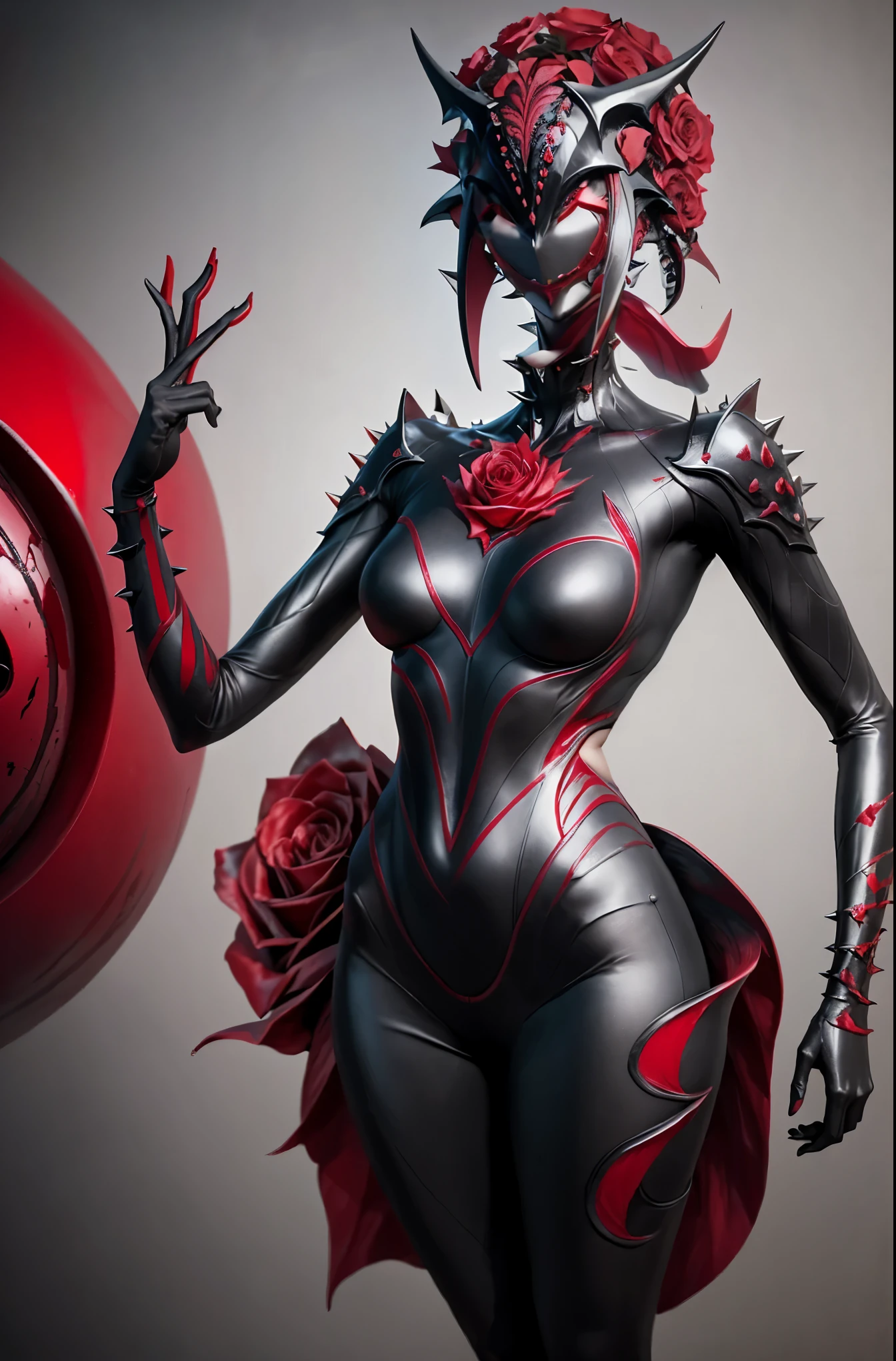 Beautiful girl fused with a Rose. (High quality) （black and Red image color）. body suit. Queen dress. cyber style. spike whip. spike accessory. Biological Armor. Biological helmet. eye mask.