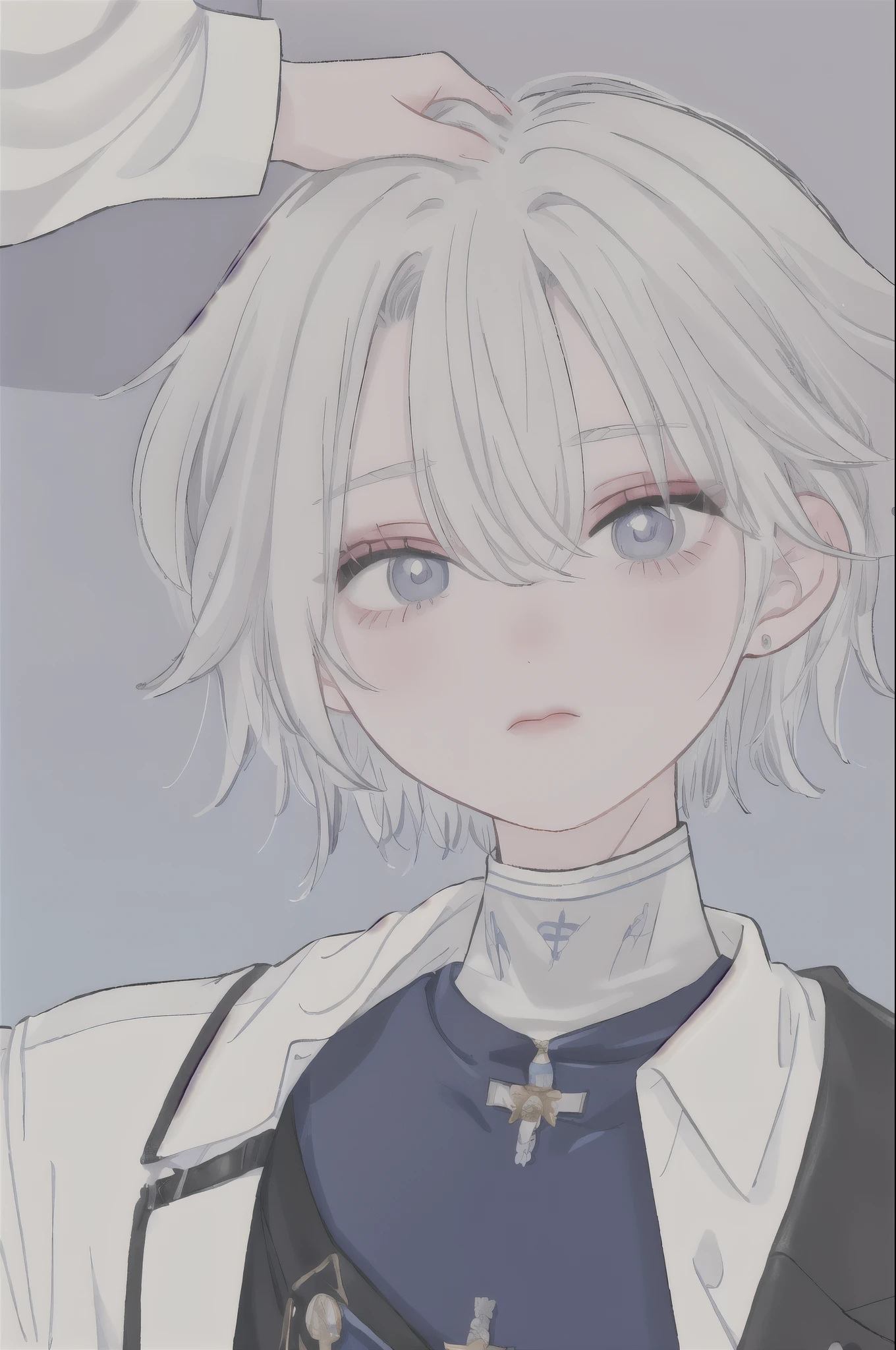 Boy, silver hair, blue eyes, sharp features, white skin, shirt, jacket