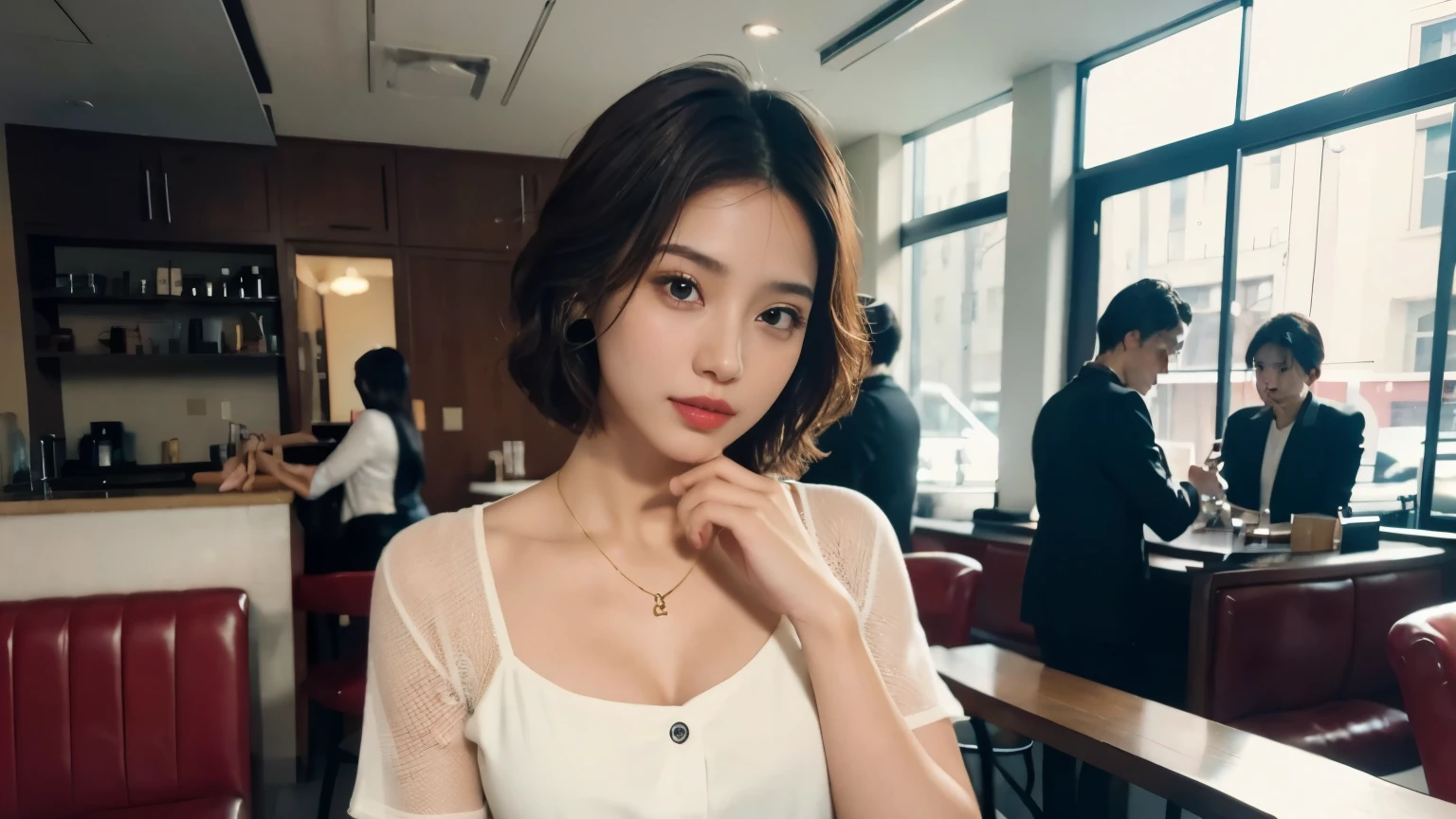 super high quality, Short Hair, Slender, The staff is working at the counter in the back., (8k、RAW Photos、highest quality、masterpiece:1.2), Shaggy, Stylish café, Fashion magazine photoshoot, (Realistic、Photorealistic:1.37), Mesh Hair, Normal chest, Urban Cafe, Golden Ratio, Raw photo, musician, Light Brown Hair, Bright cafe interior, Blurred Background, beauty salon model, Spring Clothes, Well-designed furniture, Beauty, Watching the audience, Beautiful hairstyle, suit, 28 years old, Neat clothes, Cool older sister, 
