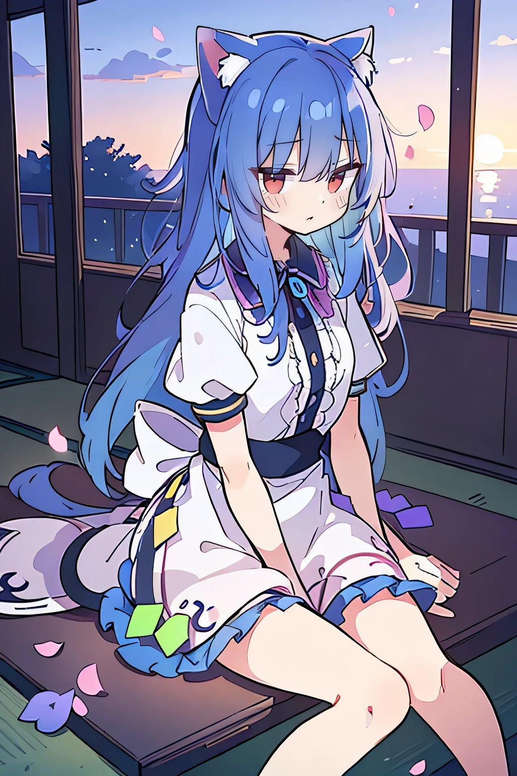 (masterpiece:1.2),Super detailed,Practical,expressive eyes,Fair skin,Perfect face shaping,1 Girl,
Japanese cartoons,Gorgeous blue hair, the long flowing blue hair,Floating clothes,Cat ears,Petals falling,beautiful lola,Young Angel,
Hands on waist,sit elegantly on the ground,Cross your legs,Gentle and peaceful background,Cool and cozy pavilion,Sunset,
