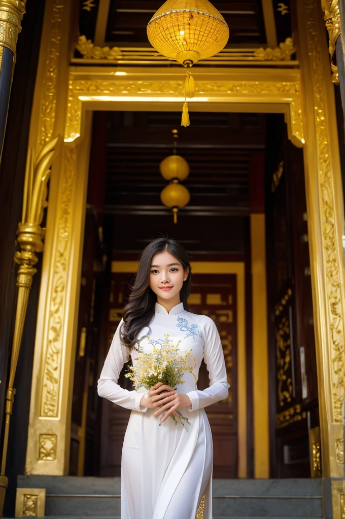 A girl in Vietnam wearing an Ao Dai,illustrated with intricate details,high-res,having a serene atmosphere,saturating the scene with vibrant colors,embracing traditional Vietnamese culture and spiritual practices,with delicate folds and embroideries on the Ao Dai gown,adorned with lotus flowers, creating a harmonious blend of elegance and tranquility, the girl's face radiating inner peace and serenity, her eyes sparkling with wisdom, her lips gently curved into a serene smile, beautifully depicting the grace and charm of Vietnamese women, her slender fingers delicately holding a candle, casting a soft glow amidst the peaceful ambience of the temple, the flickering light illuminating the ornate architectural details of the temple, highlighting the stunning traditional artwork showcased on the walls, ceiling, and pillars, the play of light and shadow adding depth and dimension to the scene, capturing the spiritual essence of the moment, showcasing the rich cultural heritage of Vietnam, a masterpiece that embodies the beauty and tranquility of the country.