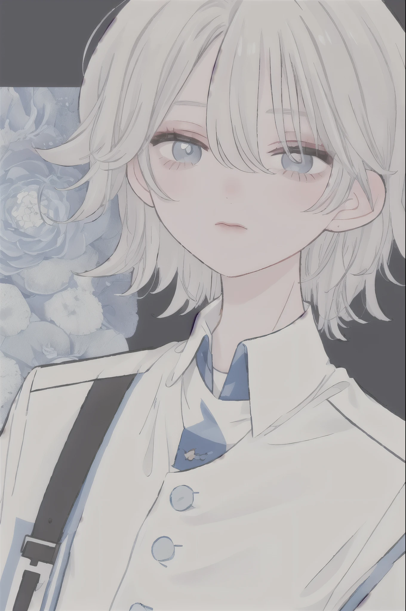 Boy, silver hair, blue eyes, sharp features, white skin, shirt, jacket