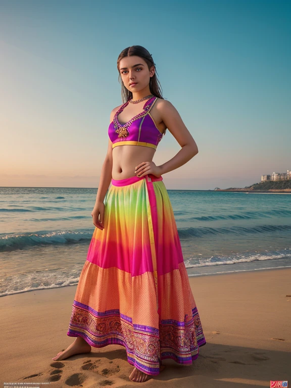 Arya Stark (highly detailed face), eyes symmetry, face symmetry, in the beach, smirking, playful teasing sassy poses for adults only magazine, (wearing vibrant color trendy designer choli long skirt), round deep navel, evening sky, wave tides, HDR, hyper realistic