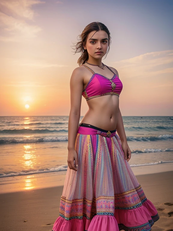 Arya Stark (highly detailed face), eyes symmetry, face symmetry, in the beach, smirking, playful teasing sassy poses for adults only magazine, (wearing vibrant color trendy designer choli long skirt), round deep navel, evening sky, wave tides, HDR, hyper realistic