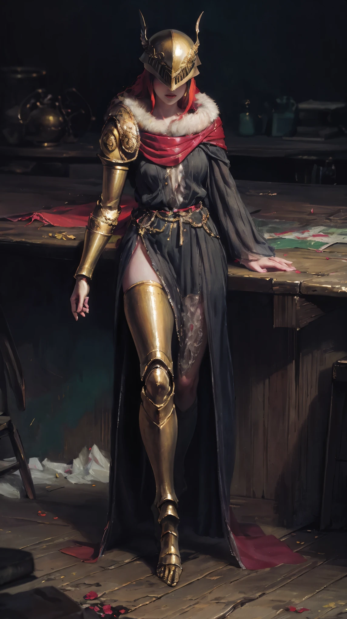 Highly detailed, high quality, masterpiece, beautiful, 1 girl, prosthetic leg, single mechanical arm, prosthesis, MaleniaDef, armor, cape, helmet, brown dress, full body, (best quality)), ((masterpiece: 1.2) ), (extremely detailed: 1.1), (8k, high quality, cinematic, hyper realistic, illustration), (autodesk maya, octane rendering, unreal engine, game character, ray tracing, hdr), (16mm focal length , f/4 aperture, dynamic perspective, depth of field), (1 girl, dynamic angle, casting pose. malenia, long bright red hair like blood, brown thorn-woven dress, single mechanical arm, prosthetic leg, prosthesis, boots of battle. Cloak of blood, underlying golden armor, valley of withered flowers, ancient sculptures around it), 3d, realistic, CG, 3D model, beautiful, elegant, confident, (hdri, bloom, edge lighting, soft lighting, discreet), zhongfenghua, delicate\(armor\) ancient robe, golden helmet, mage_glam, caftan,