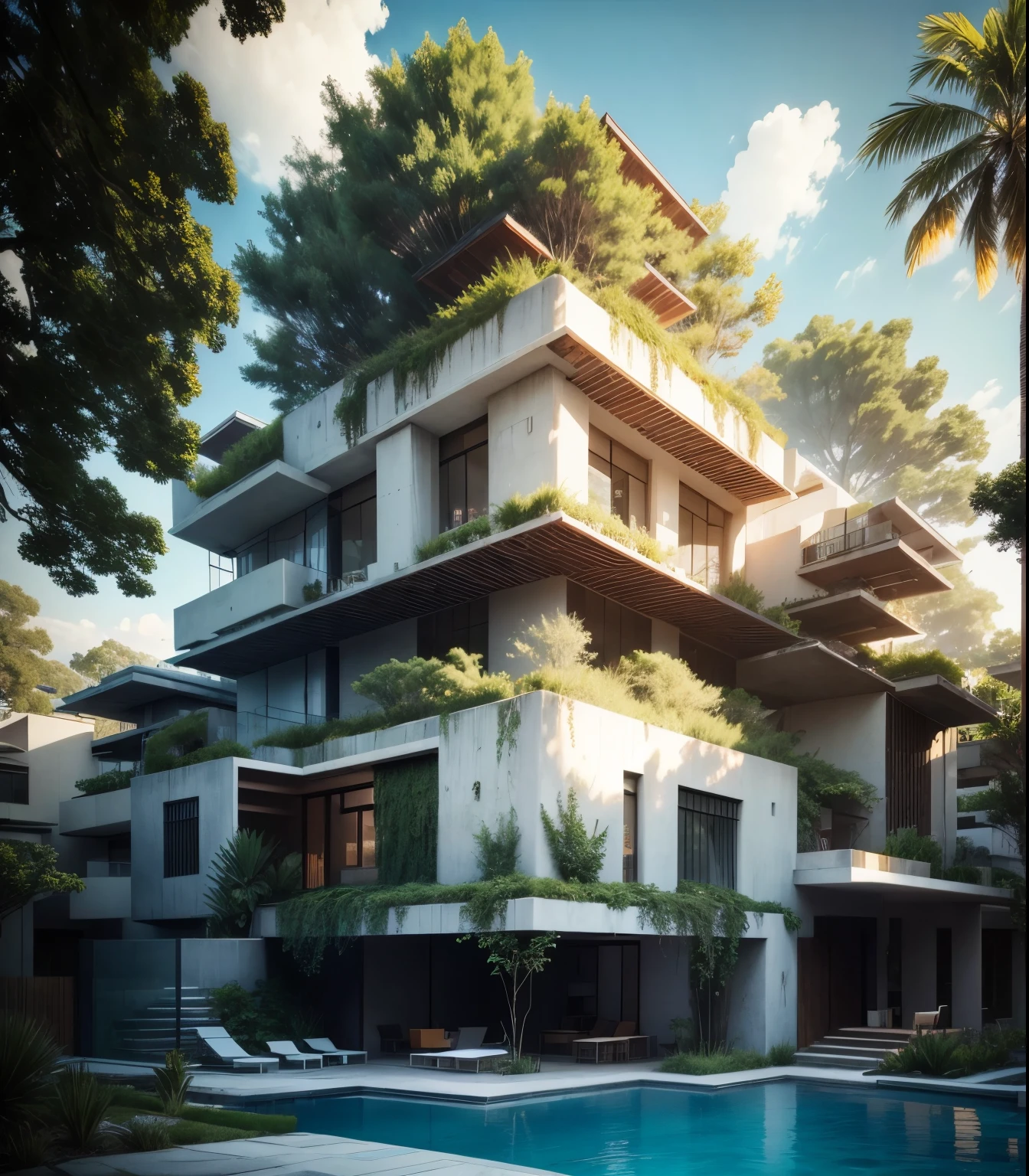 there is a pool in the backyard with a tree in the middle, concrete architecture, very vanish, and new, recently built, white walls, architectural shot, archdaily, brutal concrete architecture, inter dimensional villa, contemporary architecture, concrete housing, arborescent architecture, concrete, brutalist shiro, arhitectural shot, well-designed masterpiece, by Matteo Pérez, pablo olivera, open wall architecture