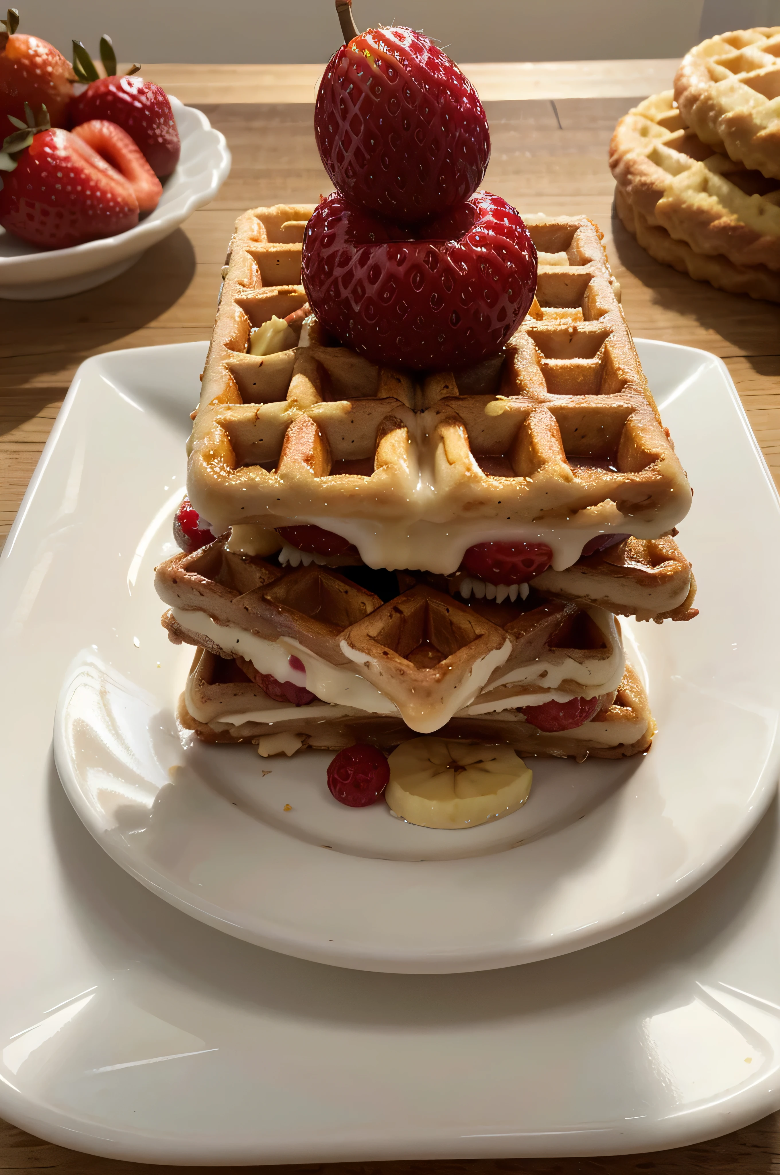 chopped photo shot of white porcelain plate with square waffles, crujientes rellenos de dulce de leche de contextura densa cubiertos con topping de trozos de fresas y bananas, apetitoso, otros trozos de fresa y banana alrededor del plato. hiperrealismo