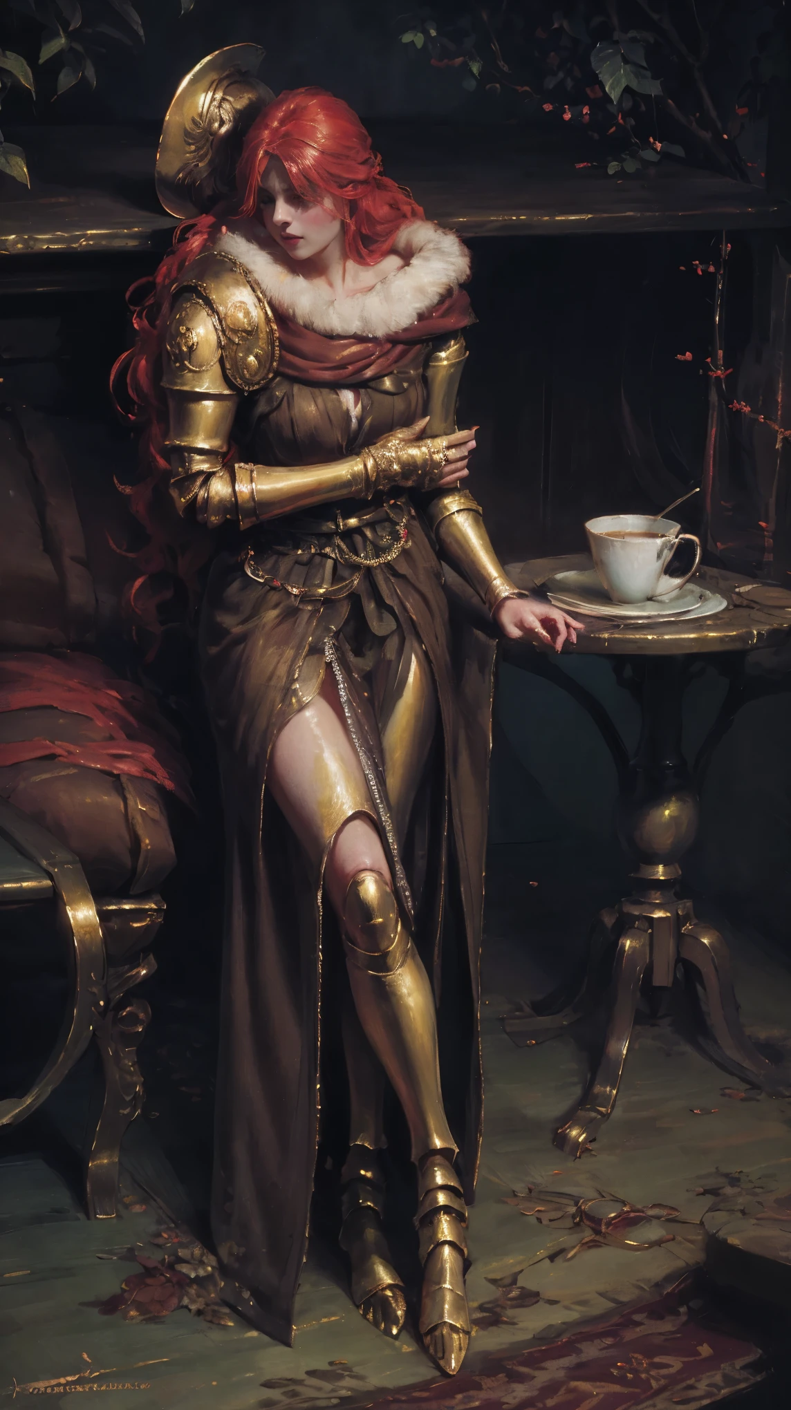 Highly detailed, high quality, masterpiece, beautiful, 1 girl, prosthetic leg, single mechanical arm, prosthesis, MaleniaDef, armor, cape, helmet, brown dress, full body, (best quality)), ((masterpiece: 1.2) ), (extremely detailed: 1.1), (8k, high quality, cinematic, hyper realistic, illustration), (autodesk maya, octane rendering, unreal engine, game character, ray tracing, hdr), (16mm focal length , f/4 aperture, dynamic perspective, depth of field), (1 girl, dynamic angle, casting pose. malenia, long bright red hair like blood, brown thorn-woven dress, single mechanical arm, prosthetic leg, prosthesis, boots of battle. Cloak of blood, underlying golden armor, valley of withered flowers, ancient sculptures around it), 3d, realistic, CG, 3D model, beautiful, elegant, confident, (hdri, bloom, edge lighting, soft lighting, discreet), zhongfenghua, delicate\(armor\) ancient robe, golden helmet, mage_glam, caftan,