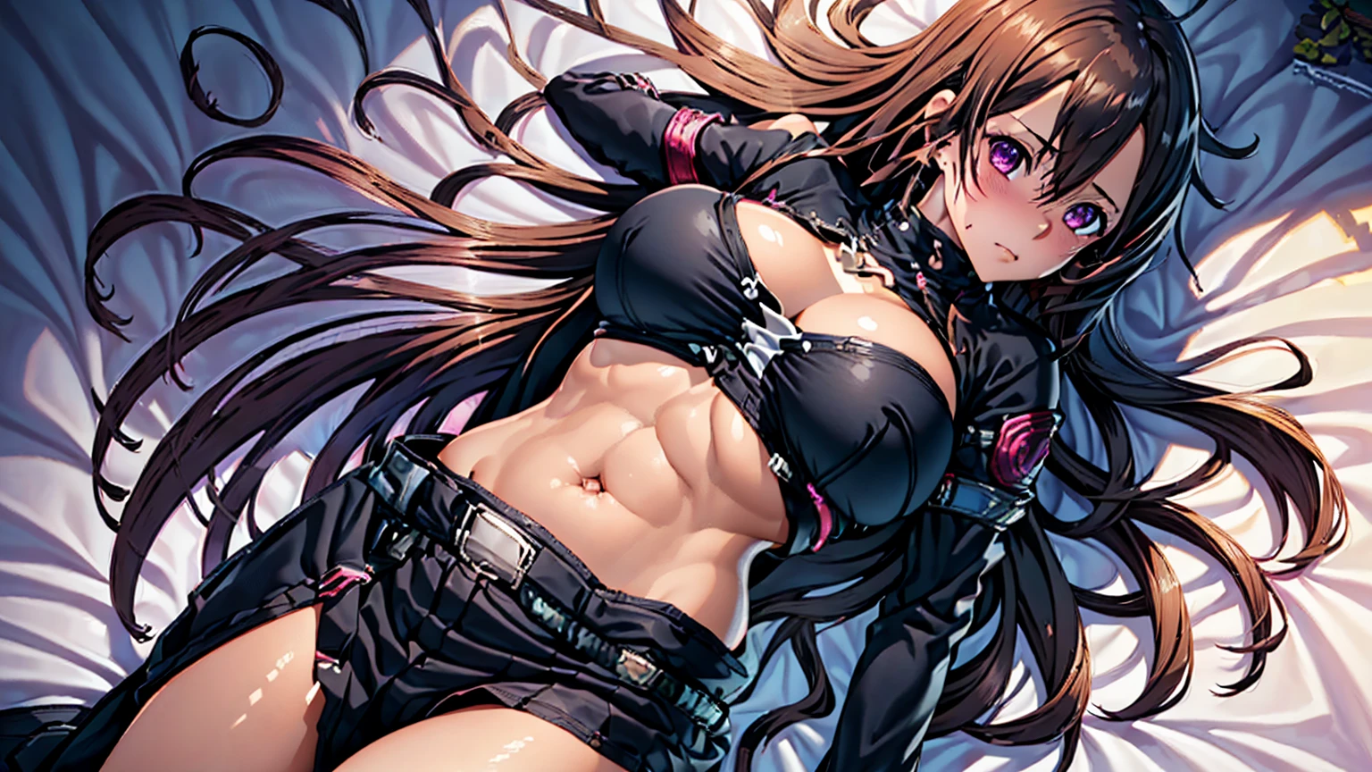 (Kirito), (Gun Gale Online black swordsman attire), (overturned jacket), (black shirt), (chestplate), (blushing), (extra large breasts), (breast expansion), (purple eyes), (long hair), (two people lying on a bed), (Asuna with large breasts pressed against Kirito), (chest to chest), (ultra-detailed), (HDR), (vibrant colors), (soft lighting), (full-body shot)