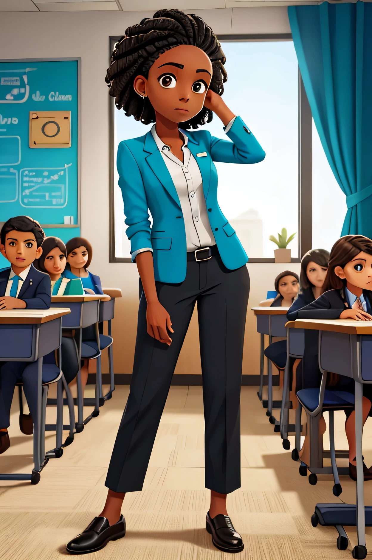 linda mujer joven, pelo negro rizado, ojos negros, profesora, turquoise suit with an owl logo, in a class room, con carpetas , una pizarra