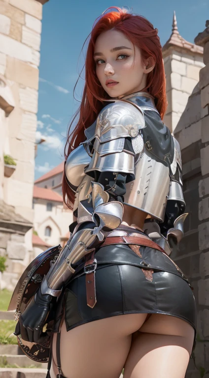 ((A red-haired warrior, from the back, wearing a short skirt at her , showing her buttot from below, wearing plate armor, steel gauntlets, steel gloves and steel cuirass, looking back, wearing a skirt)), very detailed skirt, (she doesn't wear underwear, skirt showing big stuffed, pert, round ass, pusshowimooth pussy showing frlow, (skirt up), wind lifting skirt, sexy possession), medal fantasy, d&d, RPG, masterpiece, best quality, 8K, ultra realistic. The most desired girl in the worltranscendental beauty, with expressive eyes, light green eyes, arched eyebrows, sensual lips and radiant skin. Her facial structure is symmetrically perfect, with delicately sculpted cheekbones and a refined chin.