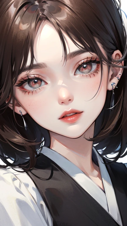 ((best quality)), ((masterpiece)), (detailed), visage parfait, yeux gris, Long Dark Hair, frange, red lips. Hairbangs, septum piercing. Kimono