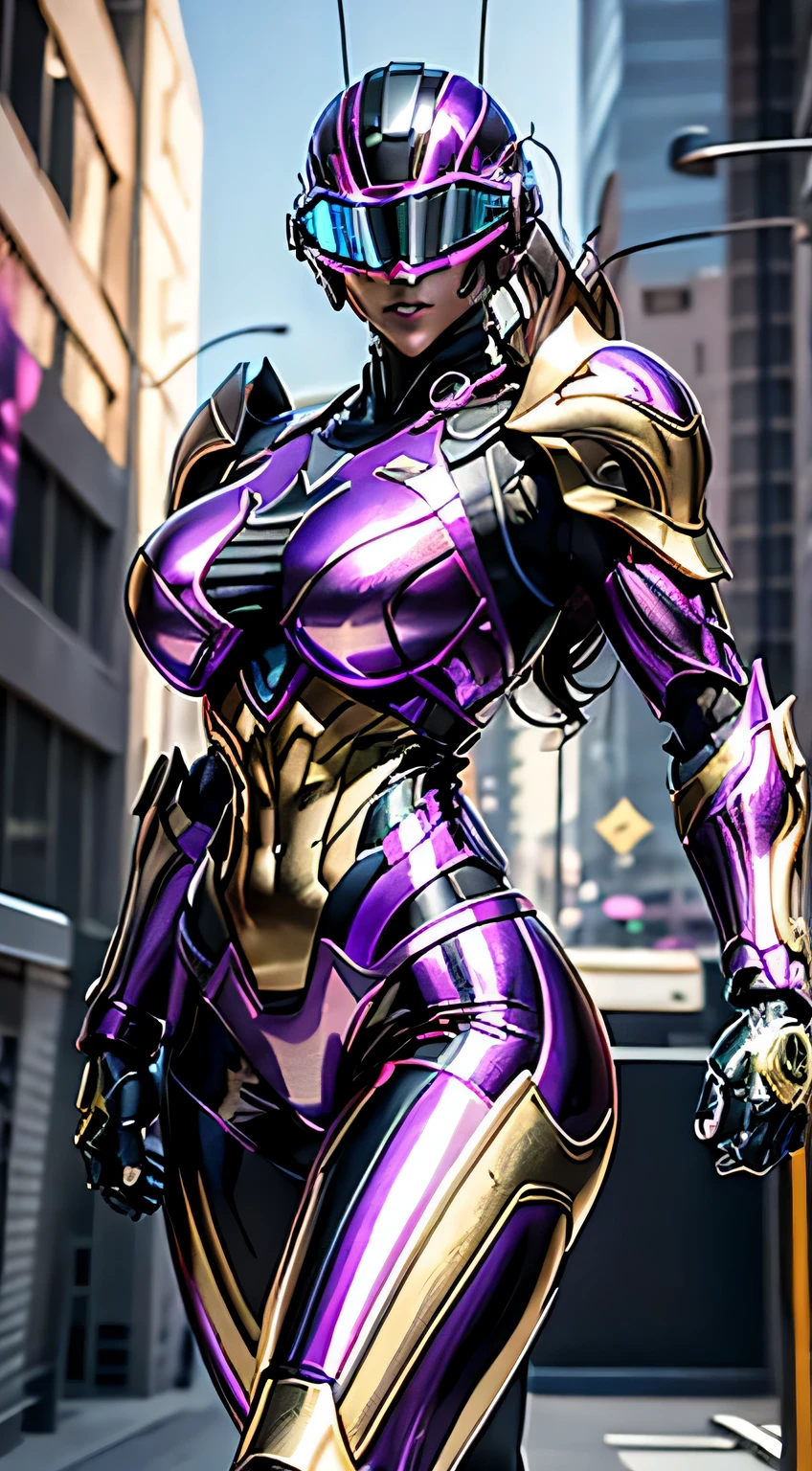 Female Robocop Solo、Bright outdoors、strong light source、8K, high quality, masterpiece, 最high quality、Very detailed、Armor that completely covers the whole body、very large armor、Helmet covering the head、Clear photos、The eyes are hidden by thin, straight goggles:1.3、The lower half of the face is flesh:1.5、Face exposed from nose down:5.0、Luscious lips、Fluorescent purple metallic armor with thin gold lines、Armor that completely covers the chest、Long, slender legs、Vibrant posel body view,Big and ample breasts:1.5, (Sports Body:1.5)、Five Fingers、Photos in the city