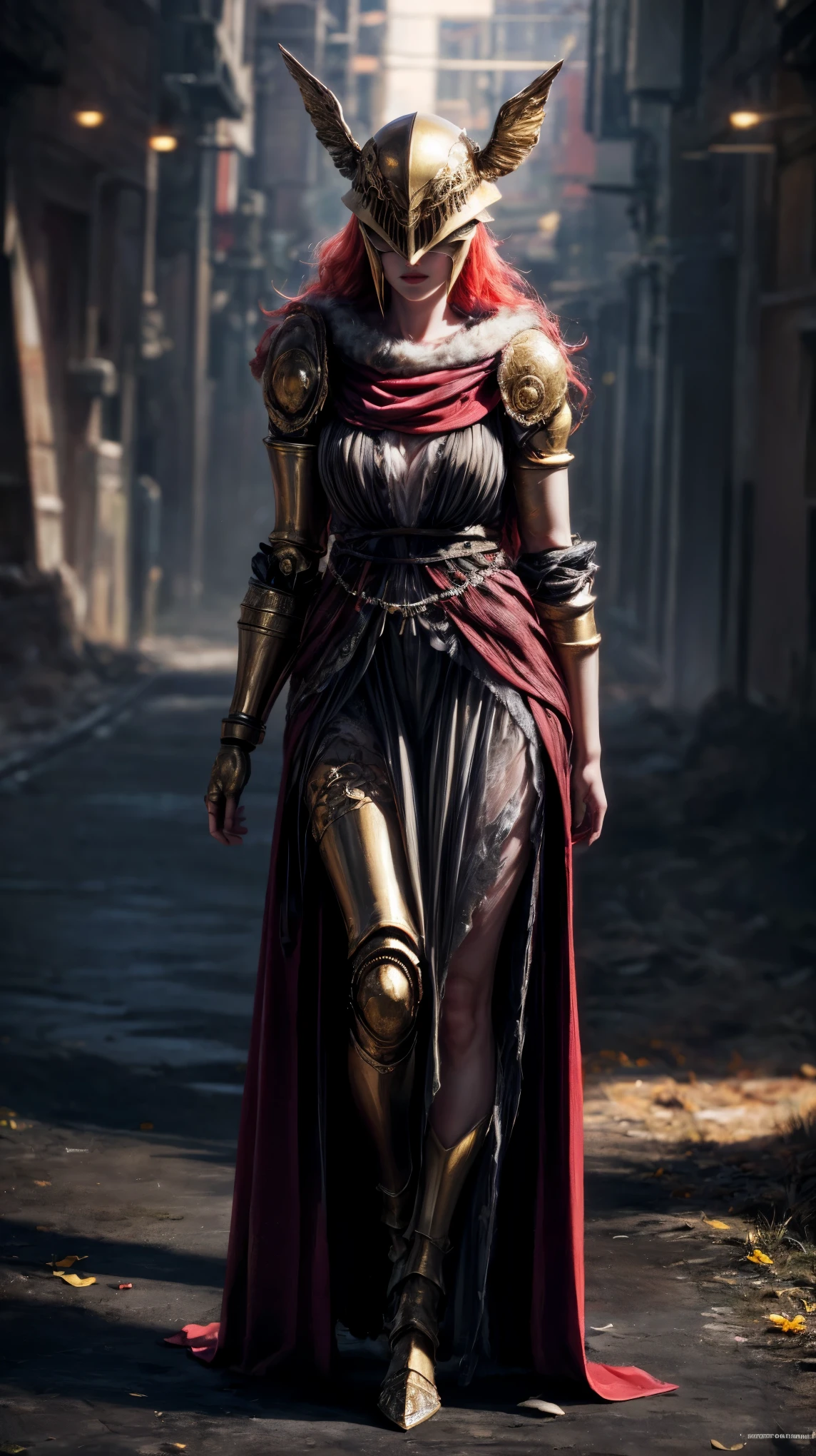 Highly detailed, high quality, masterpiece, beautiful, 1 girl, prosthetic leg, single mechanical arm, prosthesis, MaleniaDef, armor, cape, helmet, brown dress, full body, (best quality)), ((masterpiece: 1.2) ), (extremely detailed: 1.1), (8k, high quality, cinematic, hyper realistic, illustration), (autodesk maya, octane rendering, unreal engine, game character, ray tracing, hdr), (16mm focal length , f/4 aperture, dynamic perspective, depth of field), (1 girl, dynamic angle, casting pose. malenia, long bright red hair like blood, brown thorn-woven dress, single mechanical arm, prosthetic leg, prosthesis, boots of battle. Cloak of blood, underlying golden armor, valley of withered flowers, ancient sculptures around it), 3d, realistic, CG, 3D model, beautiful, elegant, confident, (hdri, bloom, edge lighting, soft lighting, discreet), zhongfenghua, delicate\(armor\) ancient robe, golden helmet, mage_glam, caftan,