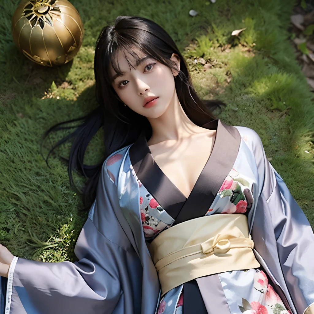 20 years old girl, slim, black long hair, hair loose, bangs on the head, brown eyes, stares straight ahead,medium chest,Perfect breasts, color kimono,Ornament, ornament on the kimono, lying on his back on the grass, Head on the grass,top-down perspective,a beautiful picture,