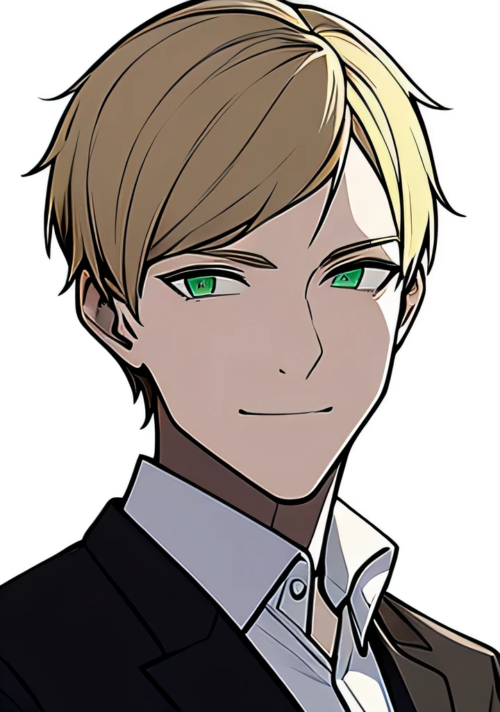One young Adult male, handsome, dirty blonde short hair, green eyes, confident yet kind expression, smug smile, wearing white collared shirt and black jacket, portrait style, facing forwards, plain grey background