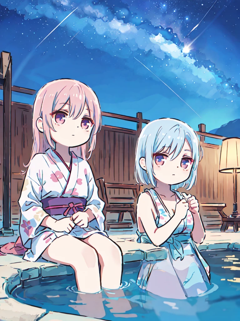 （masterpiece）、(highest quality)、((Very detailed))、(Very delicate)、Pastel colored hair、Beautiful breasts、yukata、Nighttime hot springs、Amazing starry sky