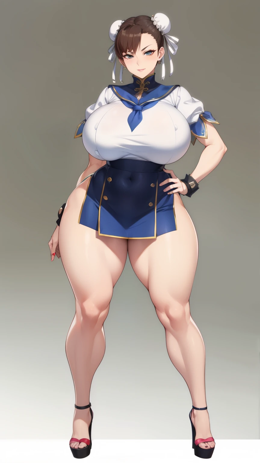 Big Breasts, Big Hips, Full Body Shot, Mature mother, Voluptuous thighs, Full calf, Seductive mature woman, Perfect body, Plus Size Model, Sailor suit, Wearing high heels,Miniskirt Uniform, Chunli,