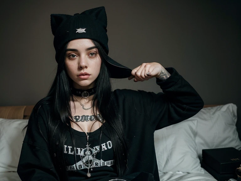 there is a woman with long black hair sitting on a bed, garota de cabelo preto usando moletom, she is wearing streetwear, imagem de perfil, billie eilish, with black hat on head, serious face, 1 23 year old goth girl, wearing a choker and a cute hat