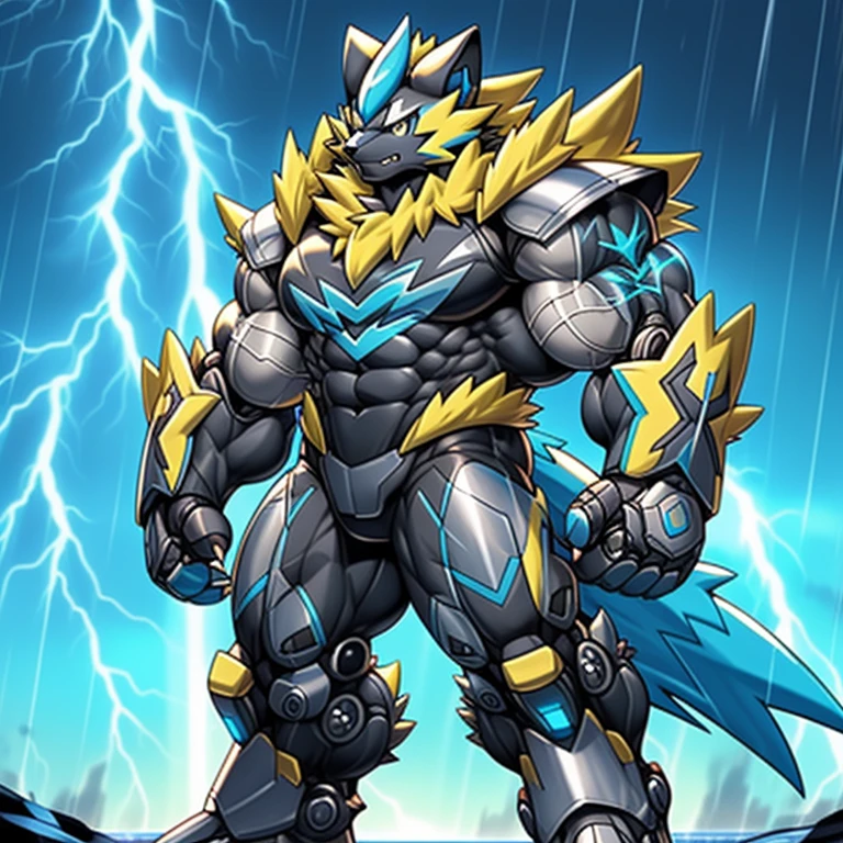 (masterpiece, best quality, detailed:1.2)
(Pokémon)
detailed full body,
Zeraora's giant robot.
Gigantic ZERAORA,
Protecting Zeraora's design and color scheme.
Robotic suit,
the whole body is covered in armor,
whole body shines like metal.
Wearing cyberpunk mecha, emphasizes the muscles.
He wears the same armor as himself from head to foot. (emphasizes the muscles.)
suit fully made of metal,
intricate armor, Robotic suit, suit fully made of metal, cyborg,
big muscle.
pecs, triceps,
body full of huge muscles.
unusually developed muscular body,
A Zeraora at the bodybuilding competition,
massive,
huge muscular bodybuilder with extraordinary biceps, pecs, triceps, traps, gigachad, 300 lbs.
The claws are sharp, Sharp teeth,
with huge golden laser sword,
thunderstorm,
rainy weather,
lightning,
wears a black cloak on his back.