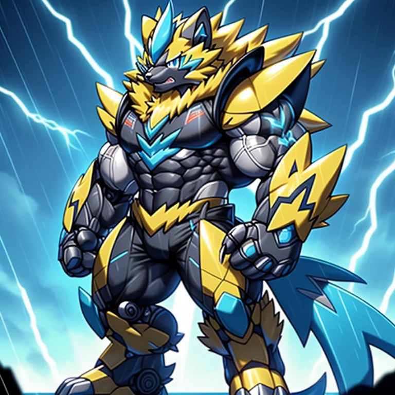 (masterpiece, best quality, detailed:1.2)
(Pokémon)
detailed full body,
Zeraora's giant robot.
Gigantic ZERAORA,
Protecting Zeraora's design and color scheme.
Robotic suit,
the whole body is covered in armor,
whole body shines like metal.
Wearing cyberpunk mecha, emphasizes the muscles.
He wears the same armor as himself from head to foot. (emphasizes the muscles.)
suit fully made of metal,
intricate armor, Robotic suit, suit fully made of metal, cyborg,
big muscle.
pecs, triceps,
body full of huge muscles.
unusually developed muscular body,
A Zeraora at the bodybuilding competition,
massive,
huge muscular bodybuilder with extraordinary biceps, pecs, triceps, traps, gigachad, 300 lbs.
The claws are sharp, Sharp teeth,
with huge golden laser sword,
thunderstorm,
rainy weather,
lightning,
wears a black cloak on his back.
