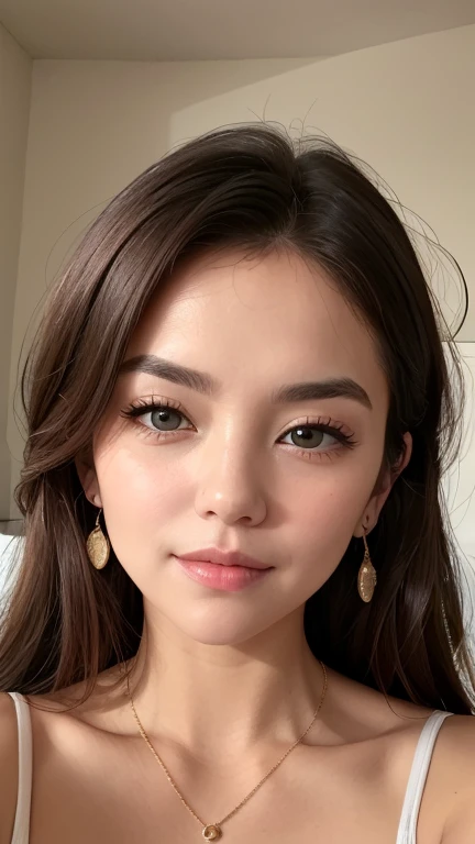 1 25 years old beautiful woman with casual cute hairstyle posing for a portrait, Real raw photo with super detailed details, Beautiful smooth glossy hair woman, A very beautiful woman, She is blushing and making a kissy face, Her face is turned upwards, Well-cared for beautiful long hair, 16K Ultra Realistic Portrait, Photograph from the front of her, Camera angle of view from above, She is slim figure top model and famous movie actress, She has a very fine and smooth white skin, Breast enhancement, ((((1 Australian woman)))), The eyebrows are raised and furrowed, She has bittersweet feeling, Super thinly opened eyes are moist and droopy, Form a gentle curve from cheek to chin, She is looking up at the camera from below, Her thick plump and shiny big lips are half-opened, Close-up photo of face, A person in the center left and right, The whole head is shown, She is wearing simple earrings and a simle necklace, Perfect makeup, Professional lighting like movies in her bedroom