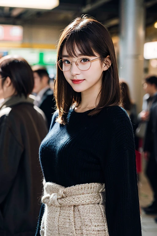 (8k、Raw photo、highest quality、masterpiece:1.2)、(Realistic、Photorealistic:1.37)、Ultra-detailed、超A high resolution、1 girl、Seeing the viewer、Beautifully detailed face、Laughter、narrow、(Narrow waist) :1.3)、shortcut、beautiful detailed skin、Skin Texture、floating hair、Professional Lighting、Waiting for the train on the platform、Black square glasses 、Human whole body、Brown Hair