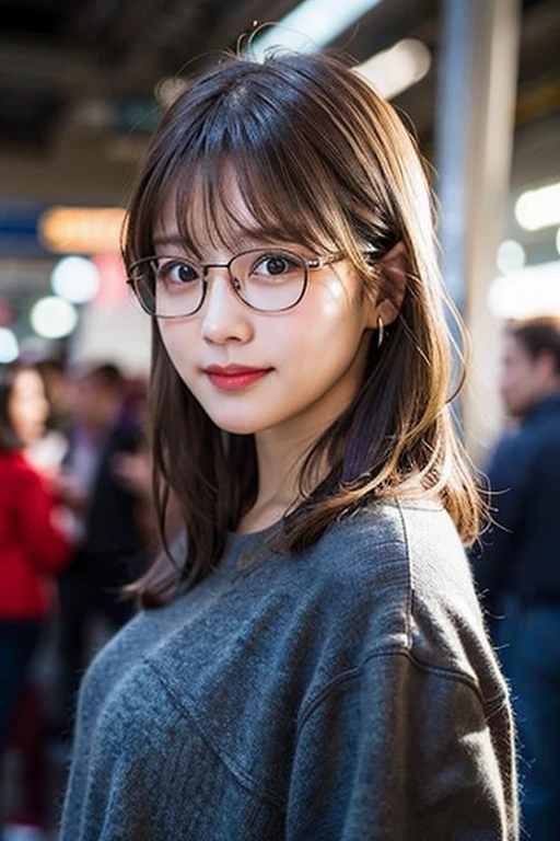 (8k、Raw photo、highest quality、masterpiece:1.2)、(Realistic、Photorealistic:1.37)、Ultra-detailed、超A high resolution、1 girl、Seeing the viewer、Beautifully detailed face、Laughter、narrow、(Narrow waist) :1.3)、shortcut、beautiful detailed skin、Skin Texture、floating hair、Professional Lighting、Waiting for the train on the platform、Black square glasses 、Human whole body、Brown Hair