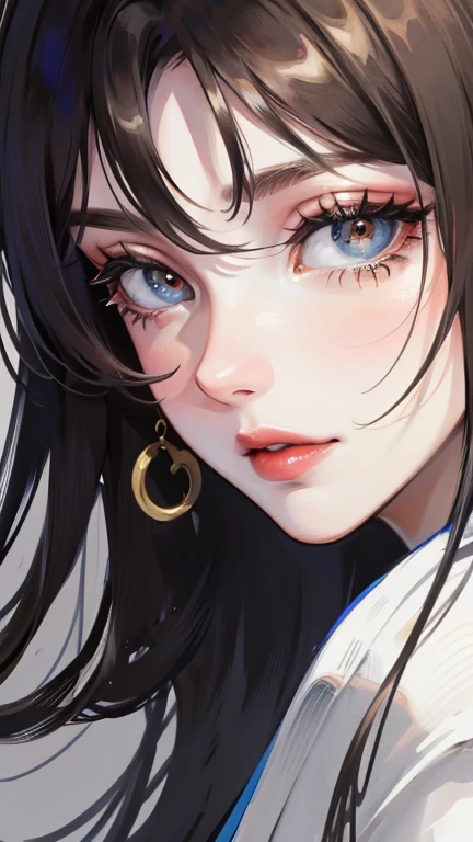 ((best quality)), ((masterpiece)), (detailed), visage parfait, yeux gris, Long Dark Hair, frange, red lips. Hairbangs, septum piercing. Kimono
